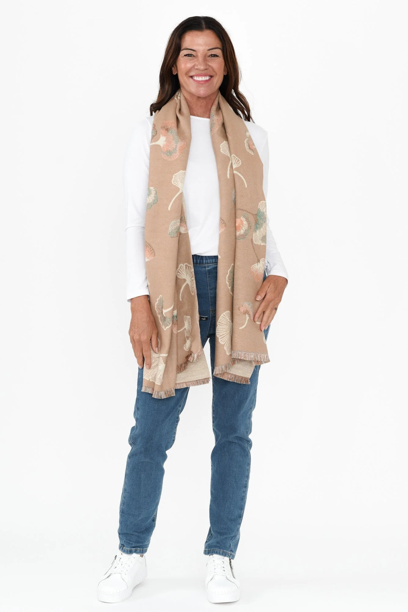 Ginko Beige Flower Scarf - Image 4