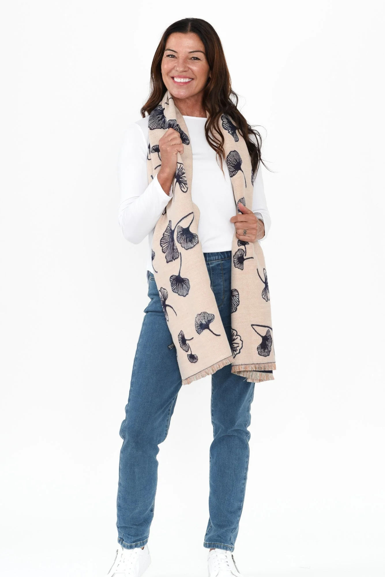 Ginko Navy Flower Scarf - Image 2