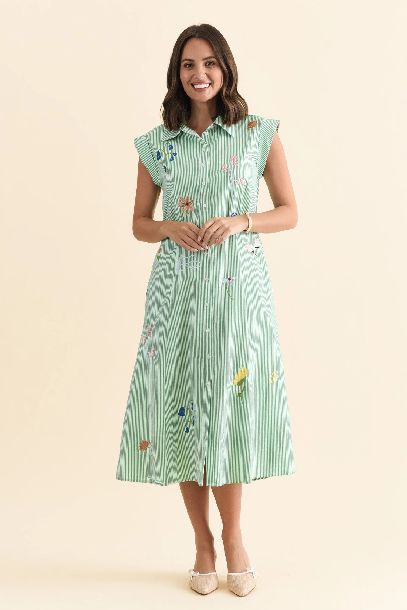 Gloria Green Stripe Cotton Tie Dress - Image 2