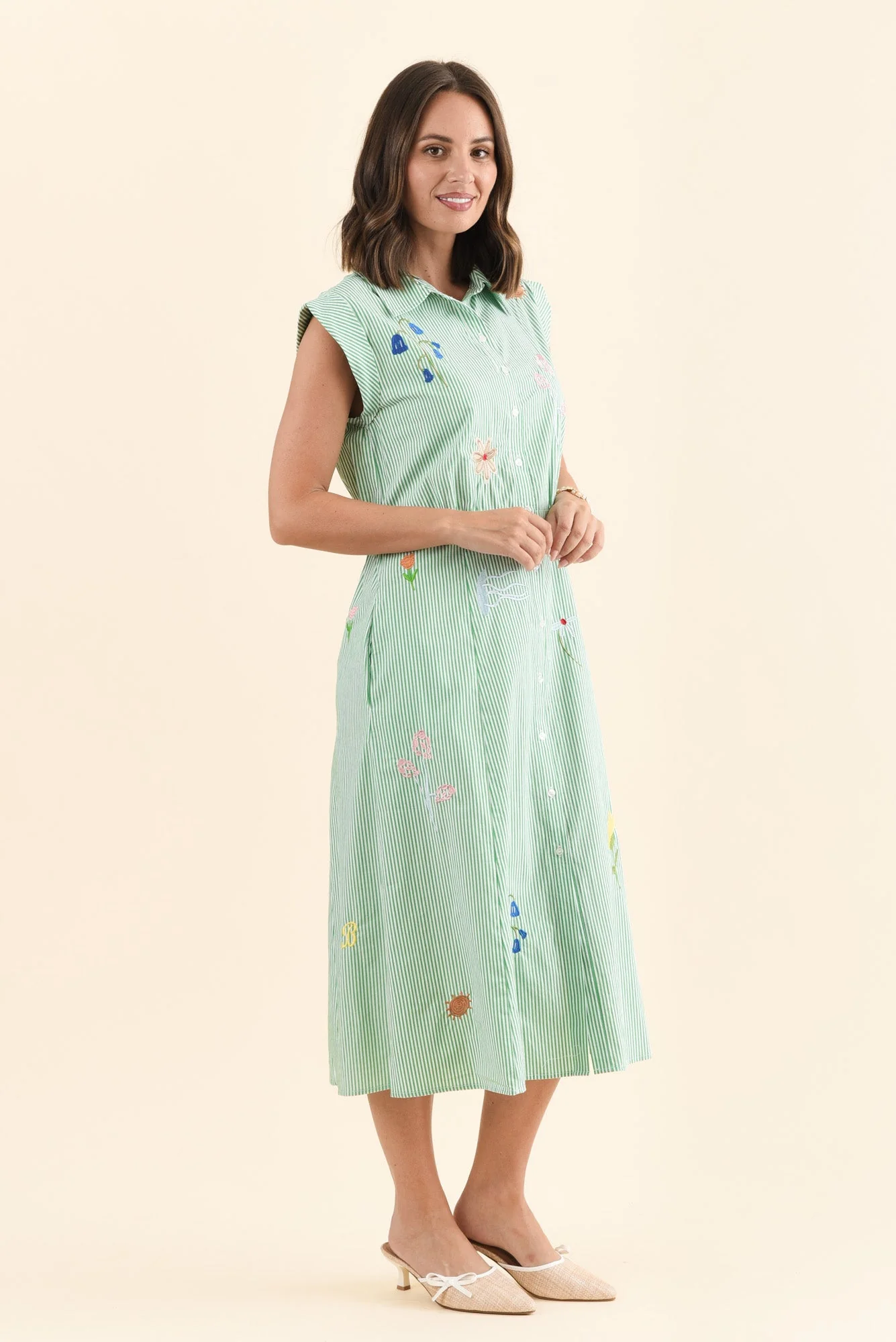 Gloria Green Stripe Cotton Tie Dress - Image 3