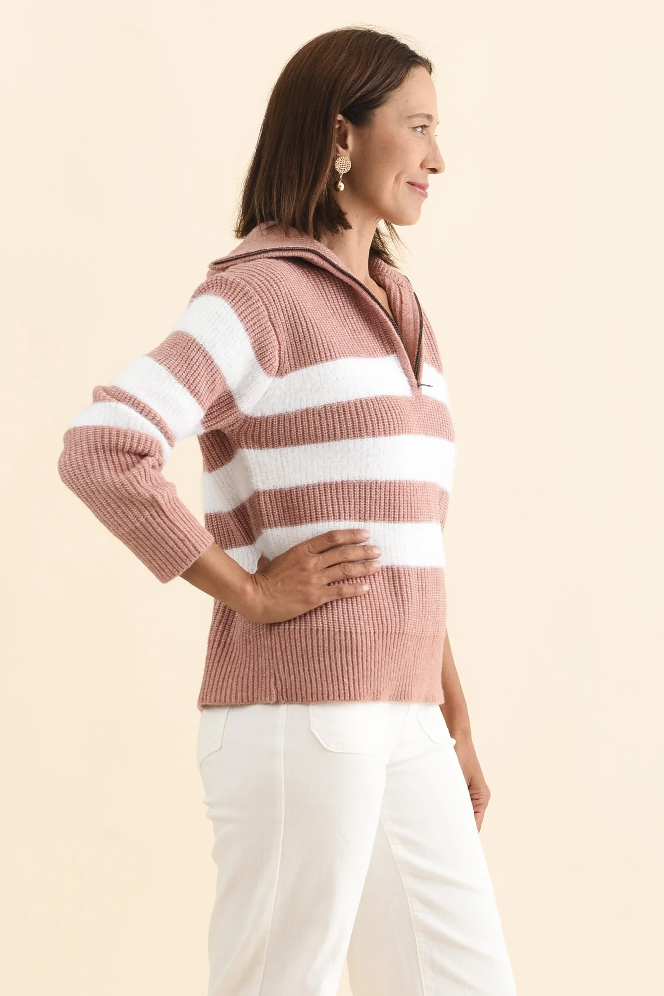 Gracie Pink Stripe Half Zip Knit Jumper - Image 3