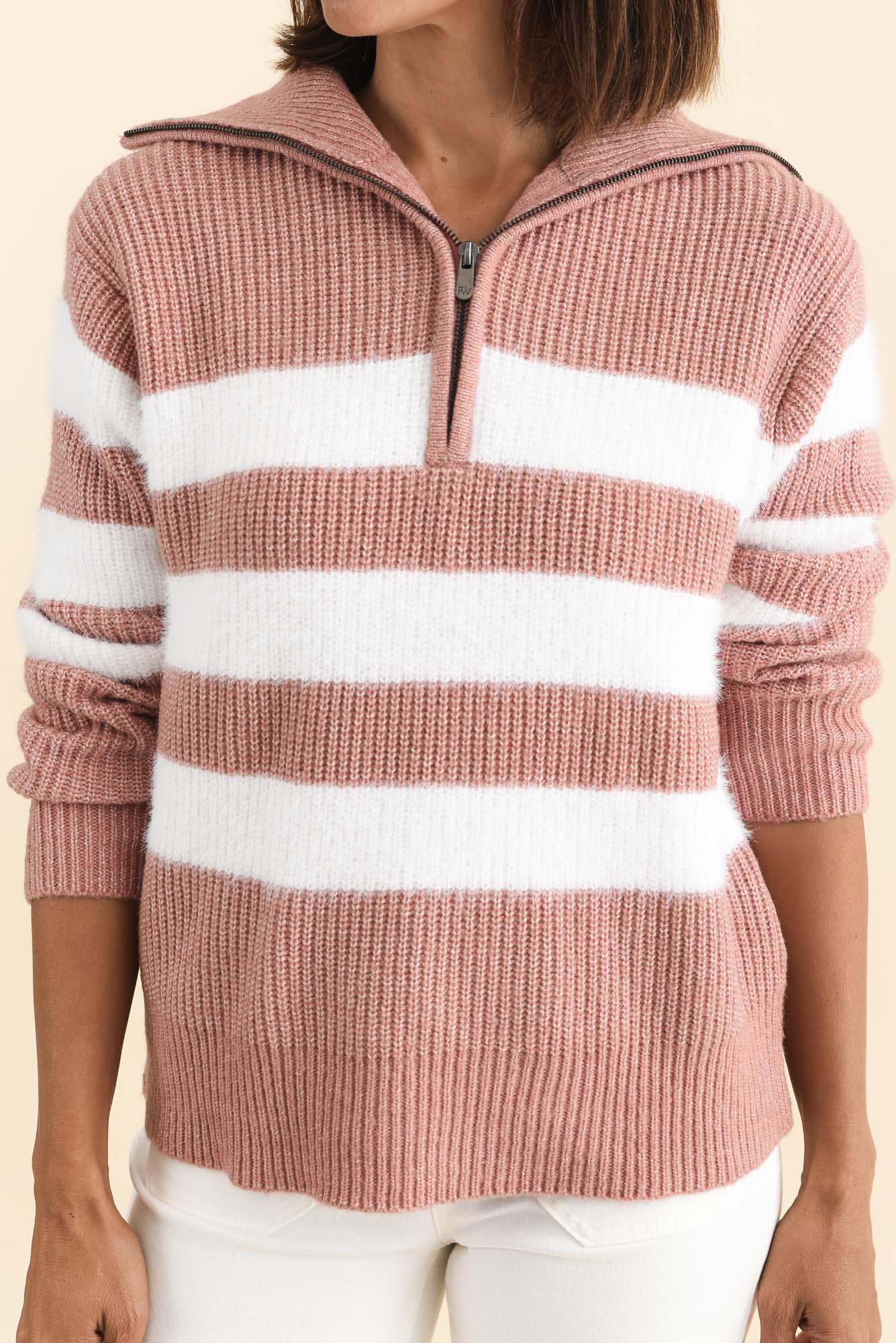 Gracie Pink Stripe Half Zip Knit Jumper - Image 5