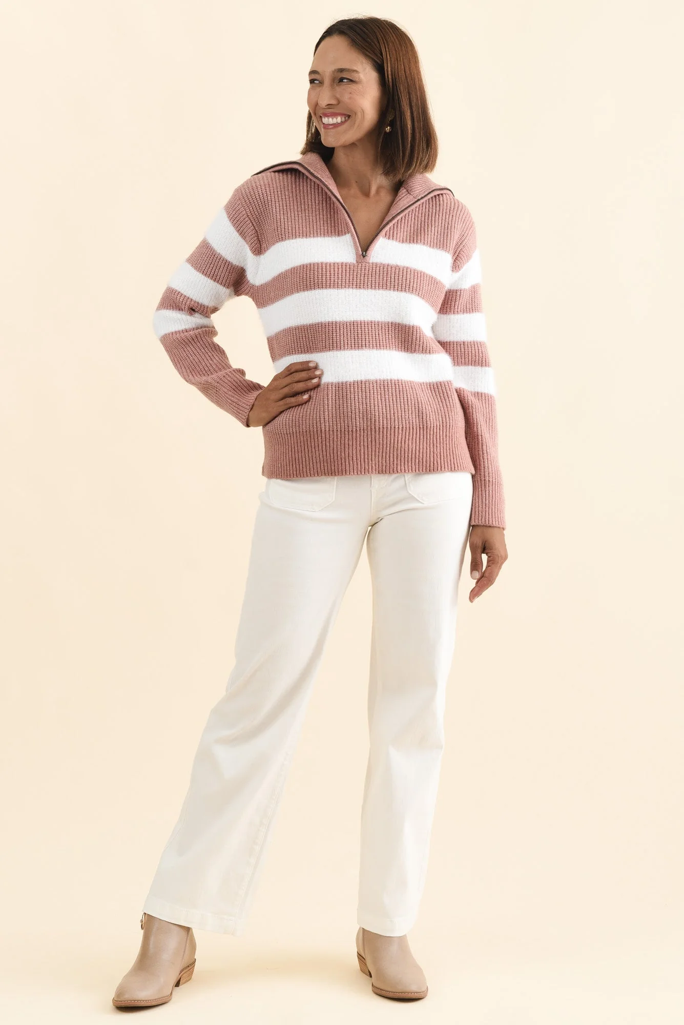 Gracie Pink Stripe Half Zip Knit Jumper - Image 6