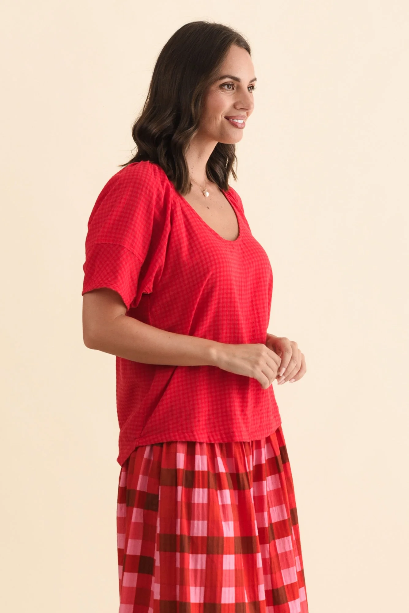 Grove Red Check Cotton Blend Top - Image 3
