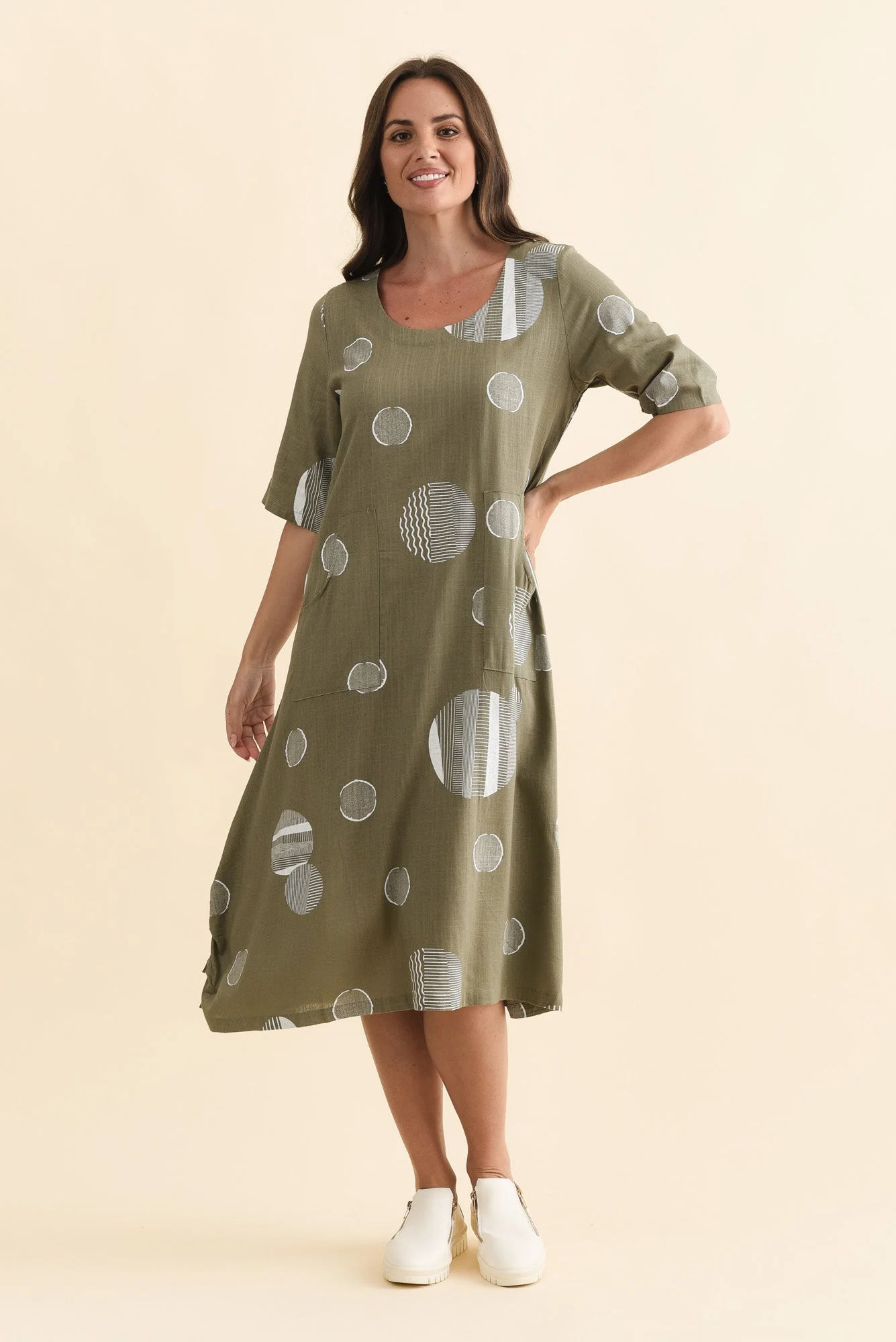 Hailee Olive Spot Linen Cotton Dress - Image 2