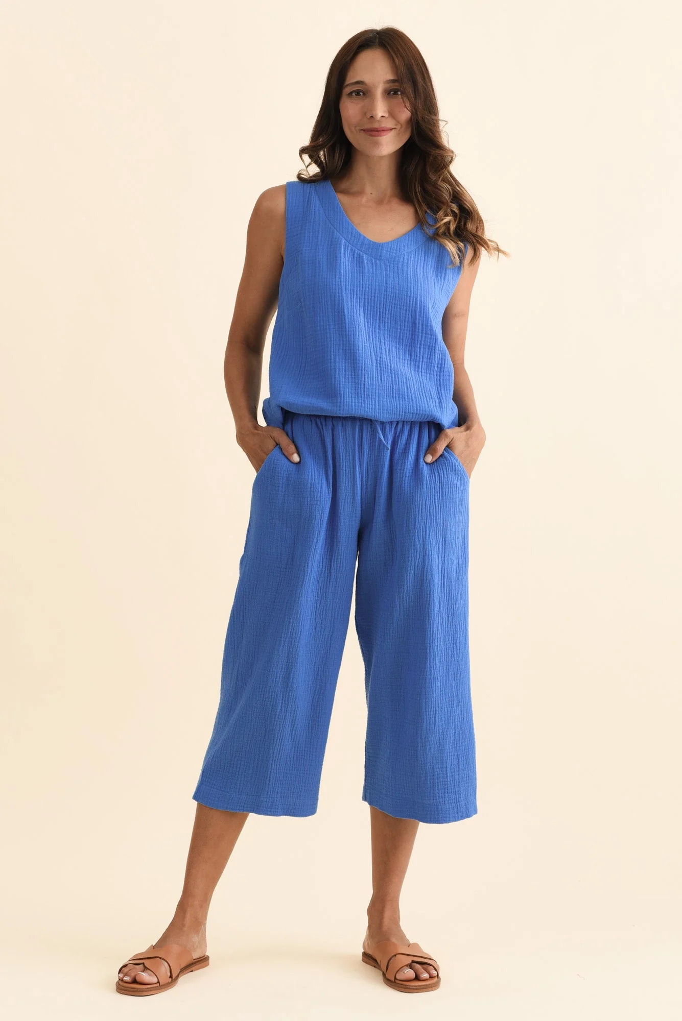 Harvey Cobalt Cotton Cheesecloth Cropped Pants - Image 3