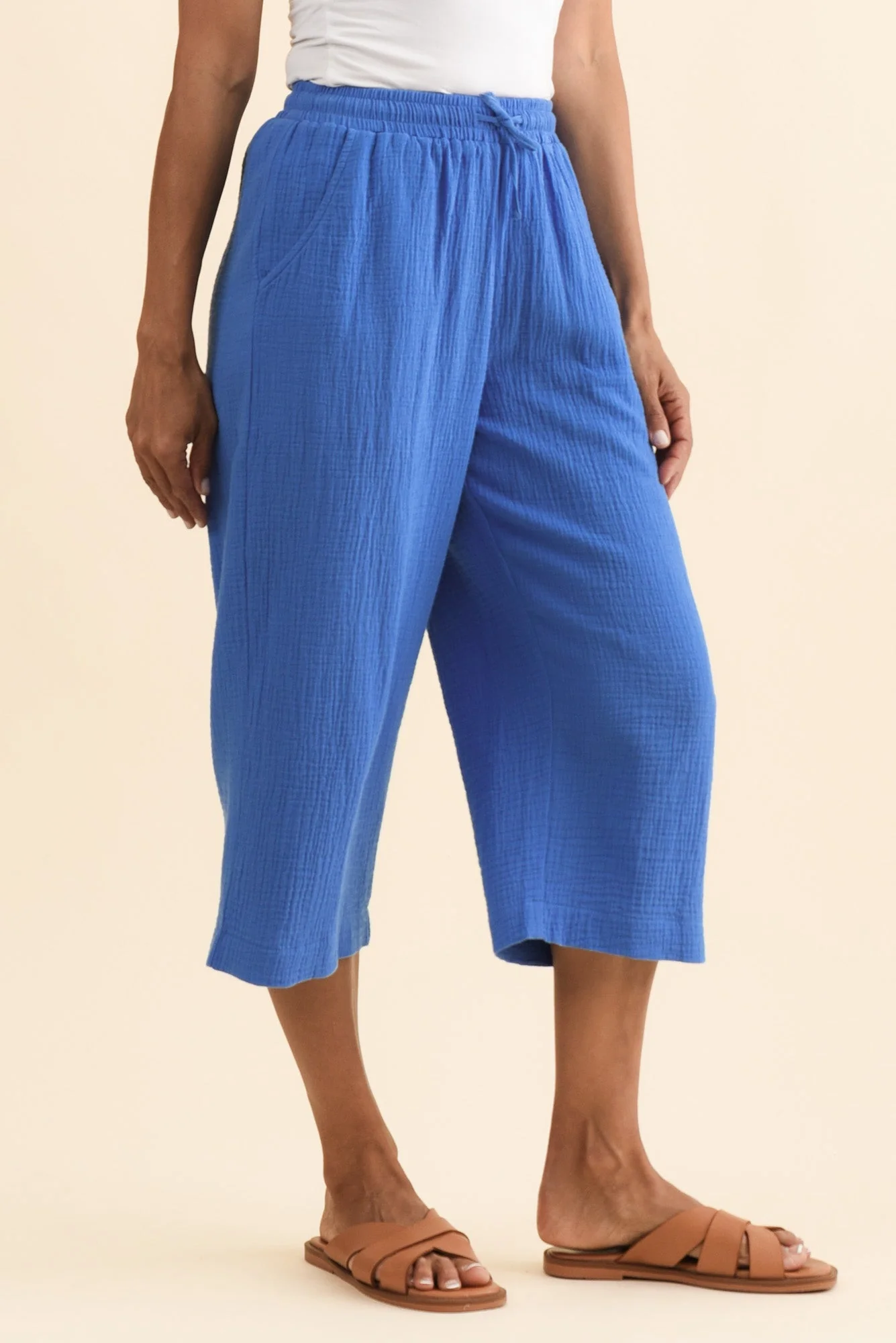 Harvey Cobalt Cotton Cheesecloth Cropped Pants - Image 4