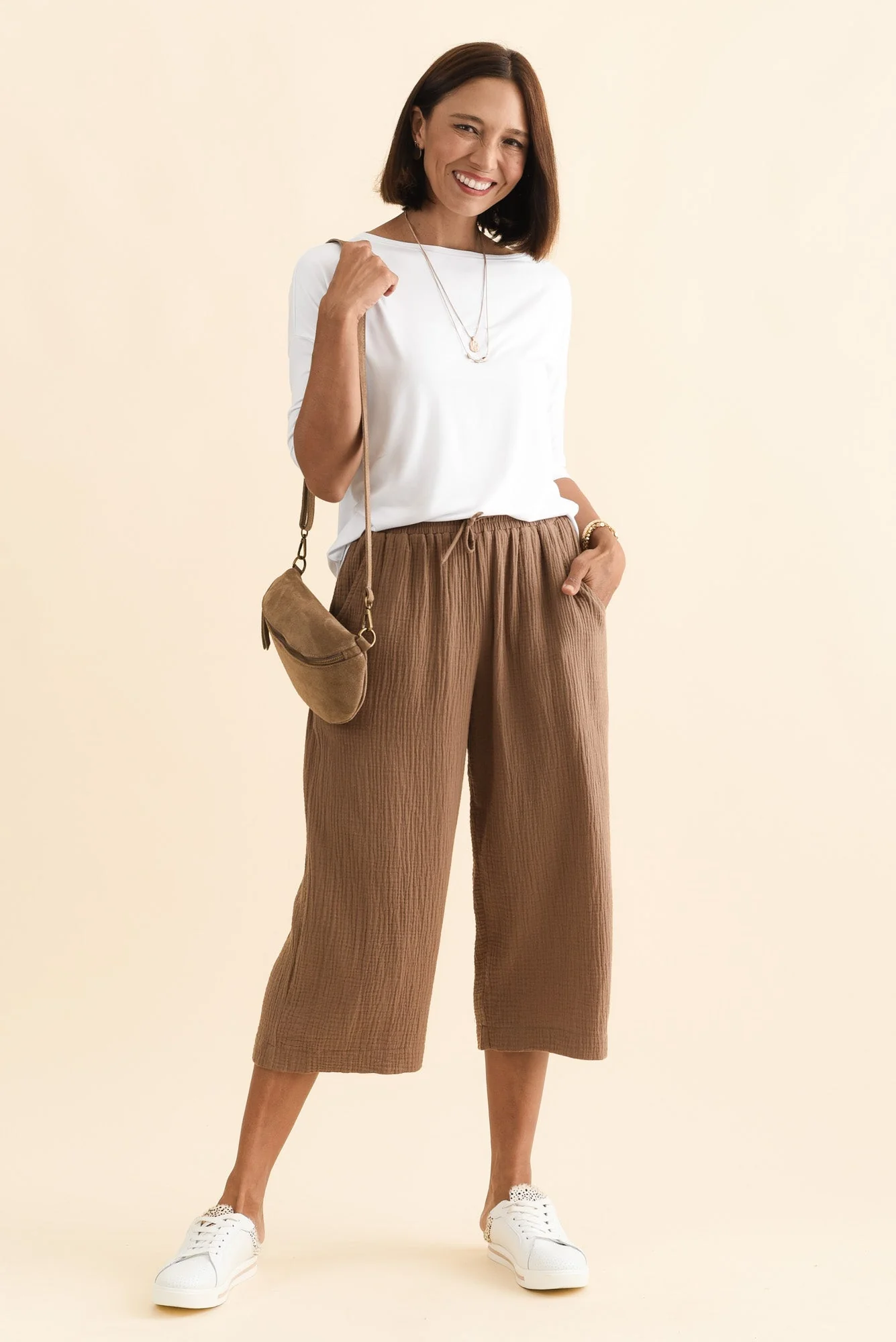 Harvey Mocha Cotton Cheesecloth Cropped Pants - Image 3