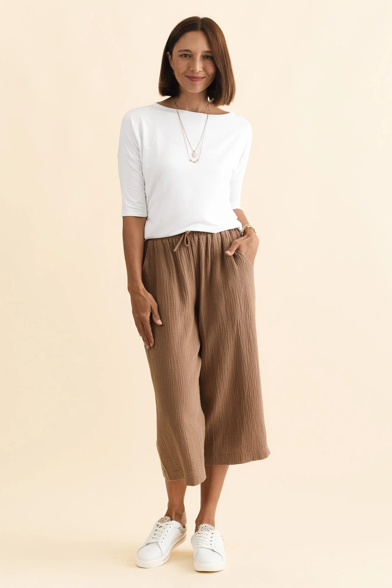 Harvey Mocha Cotton Cheesecloth Cropped Pants - Image 7