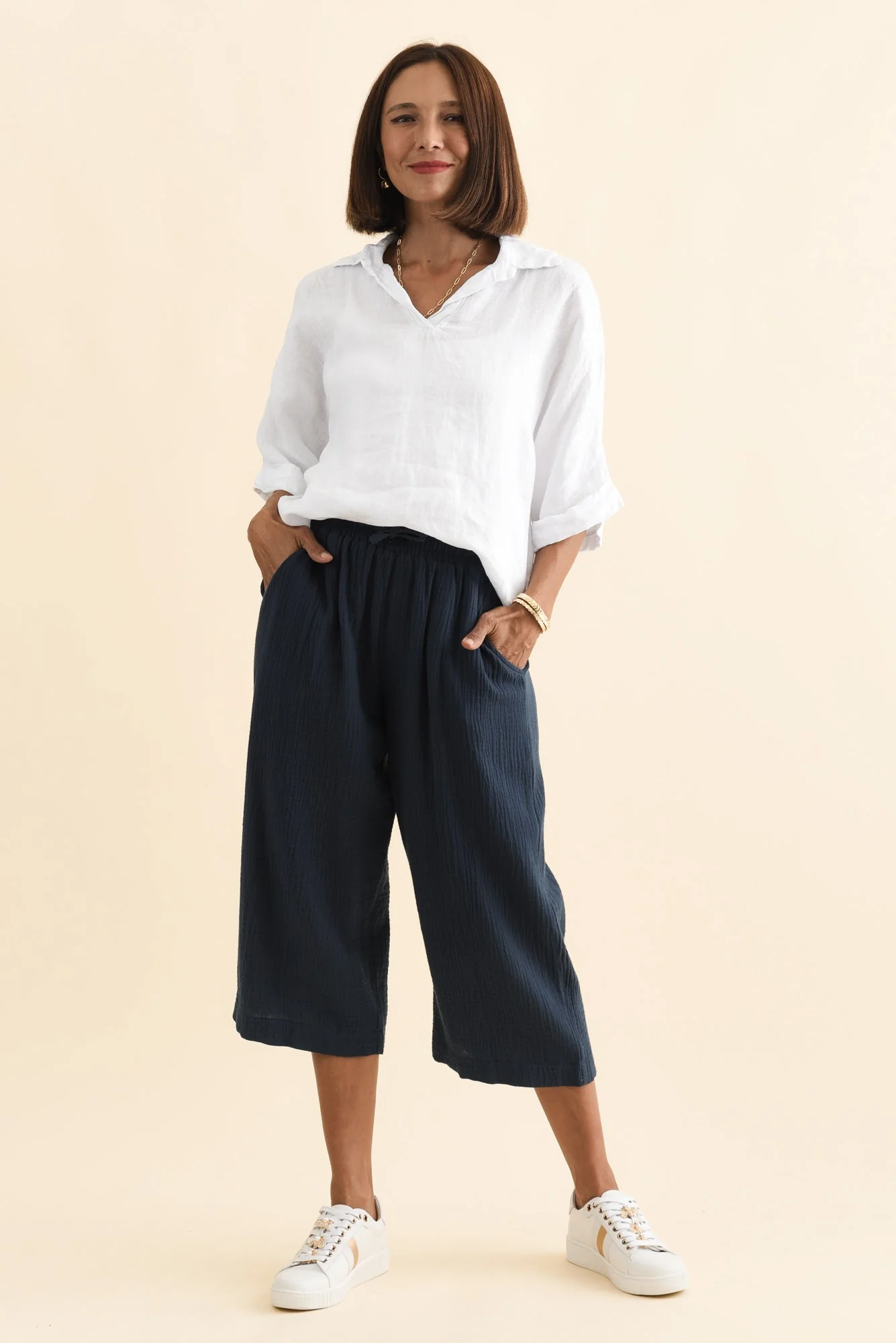 Harvey Navy Cotton Cheesecloth Cropped Pants - Image 6