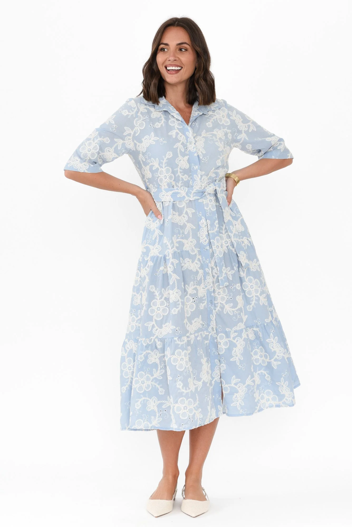 Heidi Blue Floral Embroidered Cotton Dress - Image 3