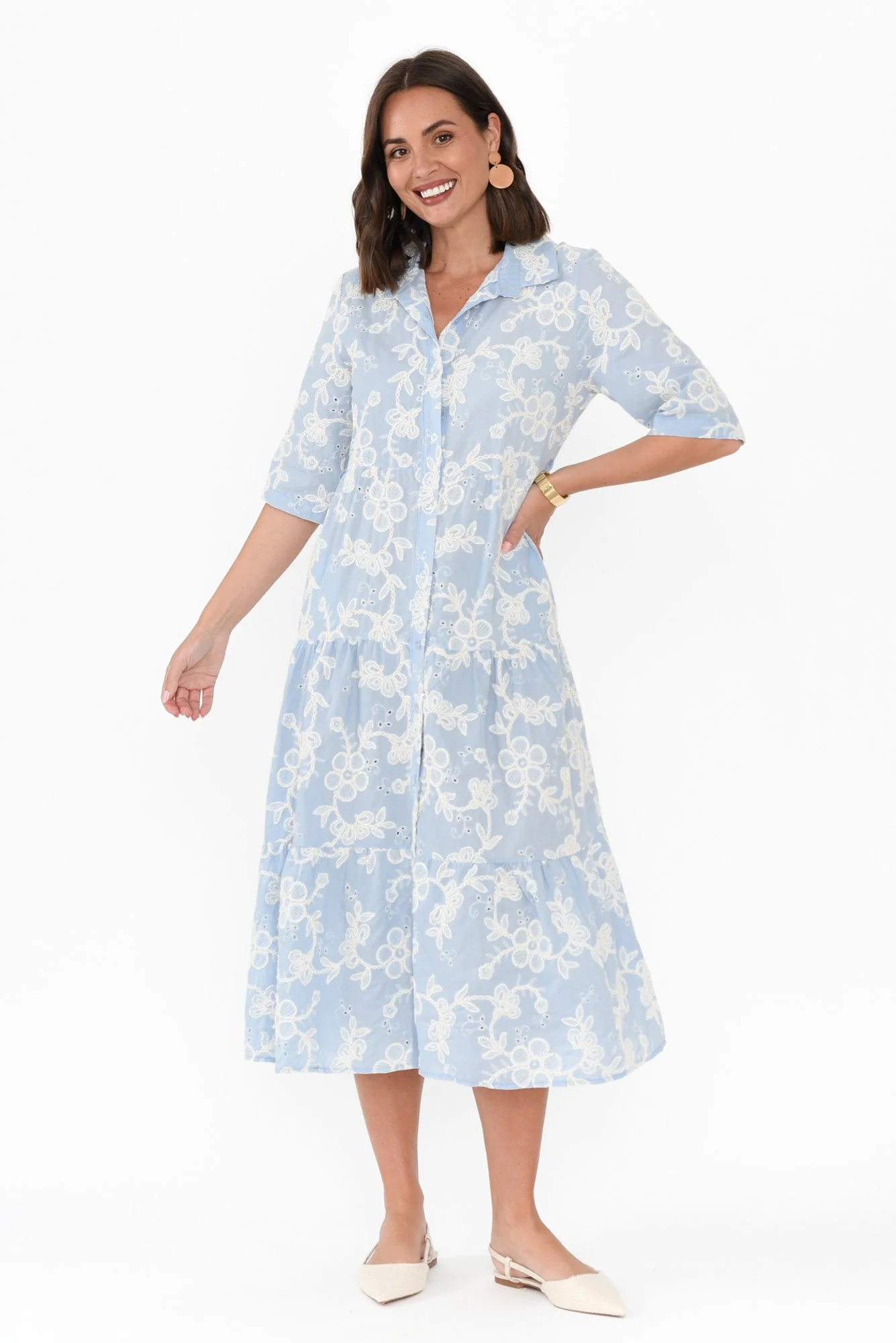Heidi Blue Floral Embroidered Cotton Dress - Image 7
