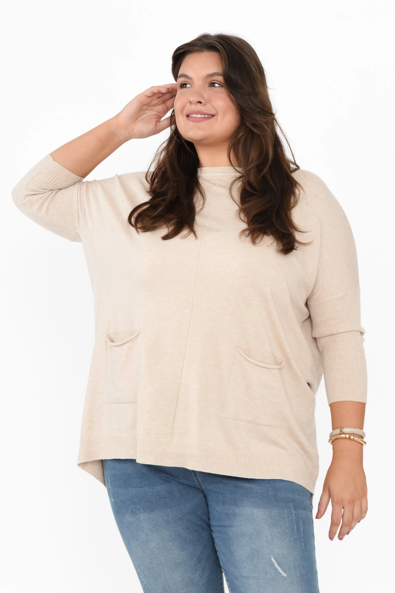 Helsinki Beige Knit Pocket Sweater - Image 12