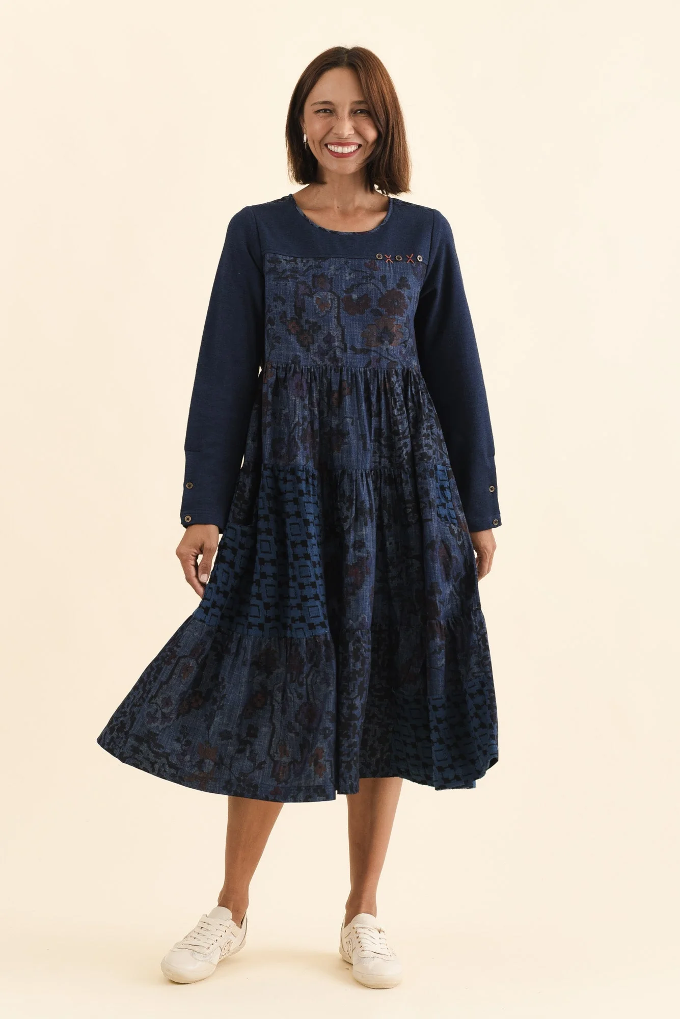 Horai Navy Patchwork Cotton Dress - Image 6
