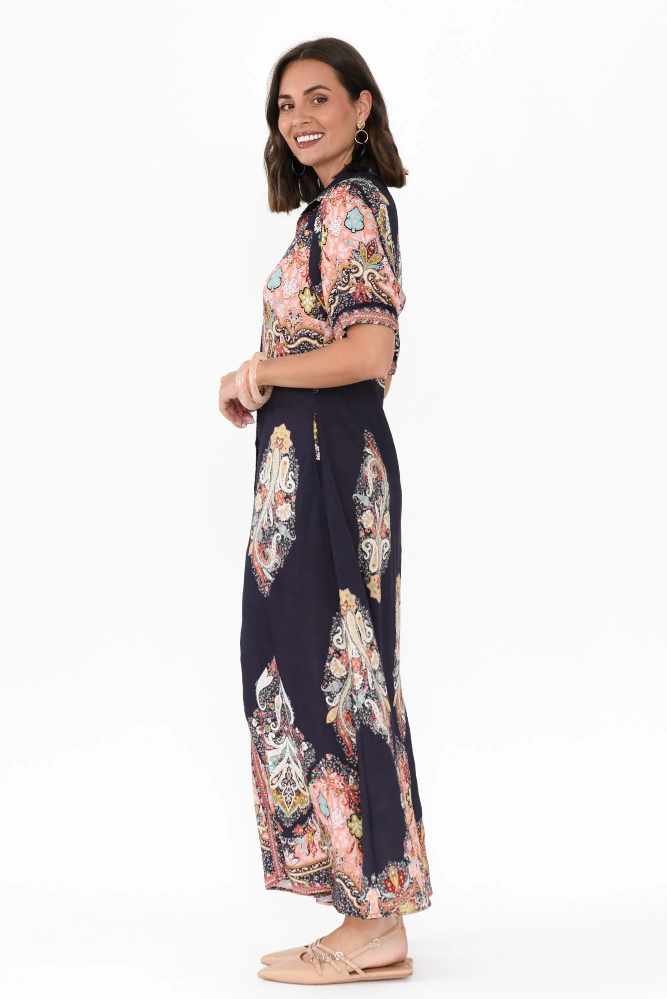 Ingrid Navy Mosaic Linen Cotton Dress - Image 3