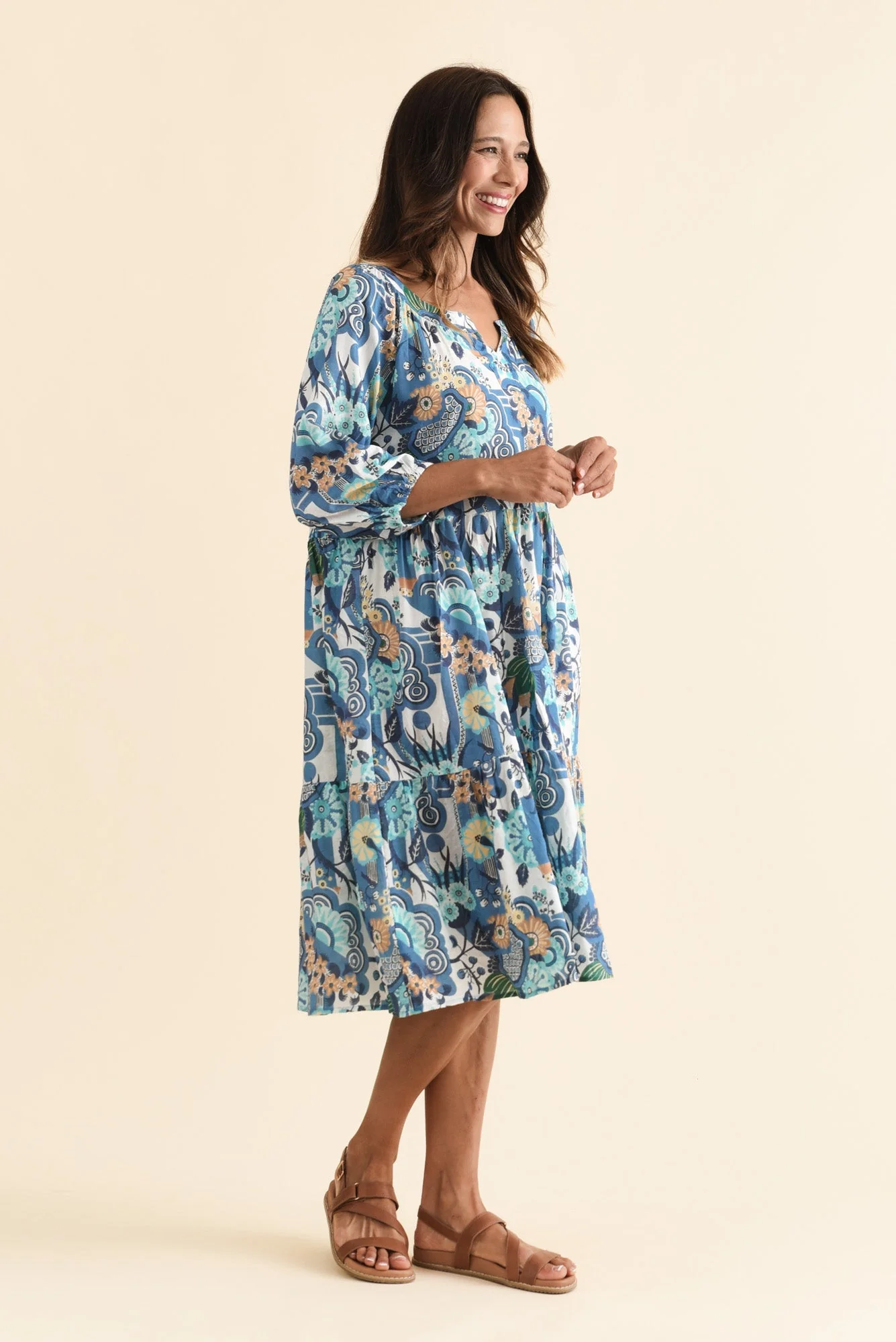 Irene Blue Floral Cotton Blend Dress - Image 3