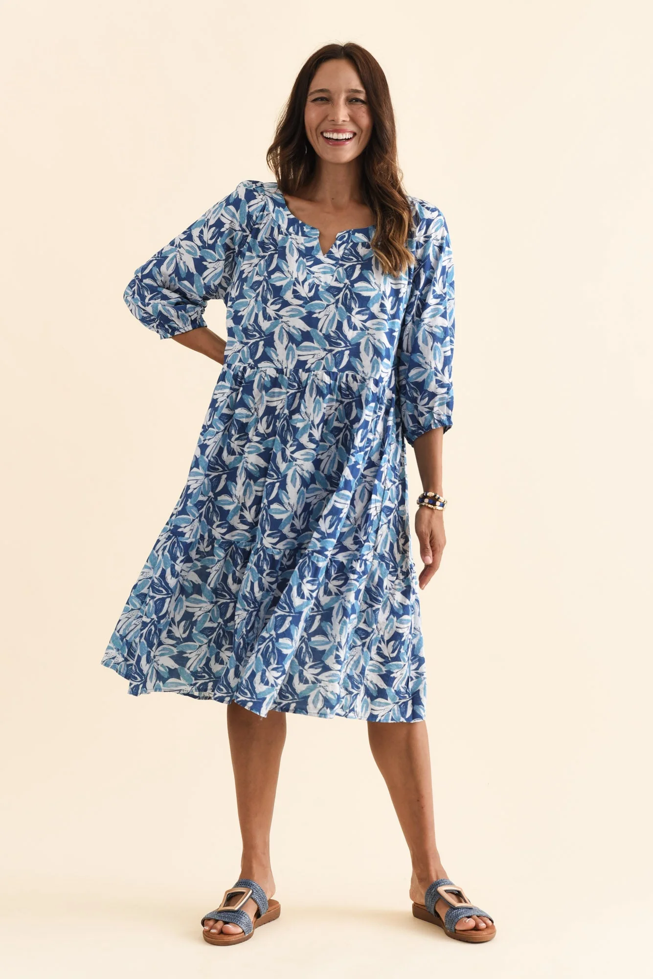 Irene Blue Leaf Cotton Blend Dress - Image 2