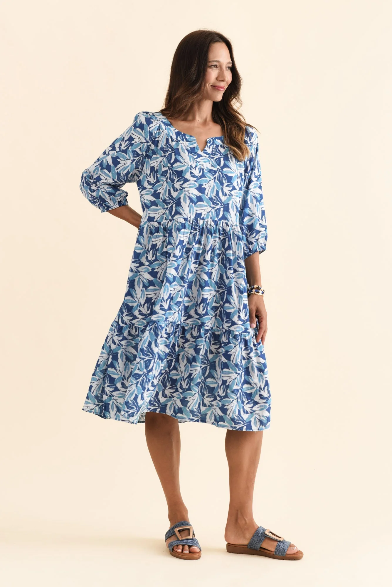 Irene Blue Leaf Cotton Blend Dress - Image 3