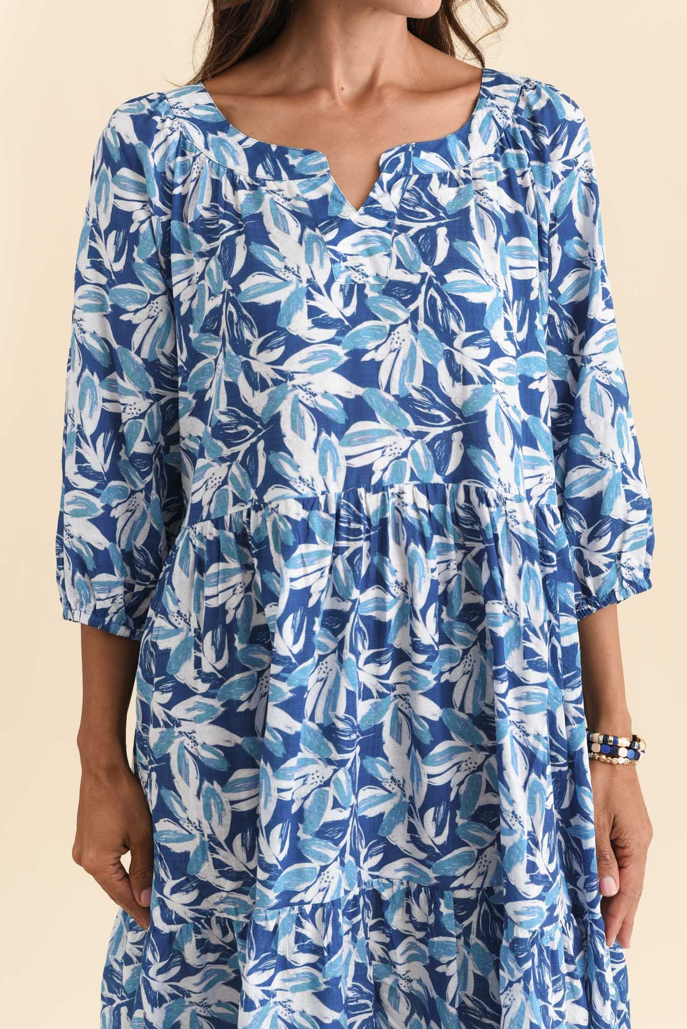 Irene Blue Leaf Cotton Blend Dress - Image 5