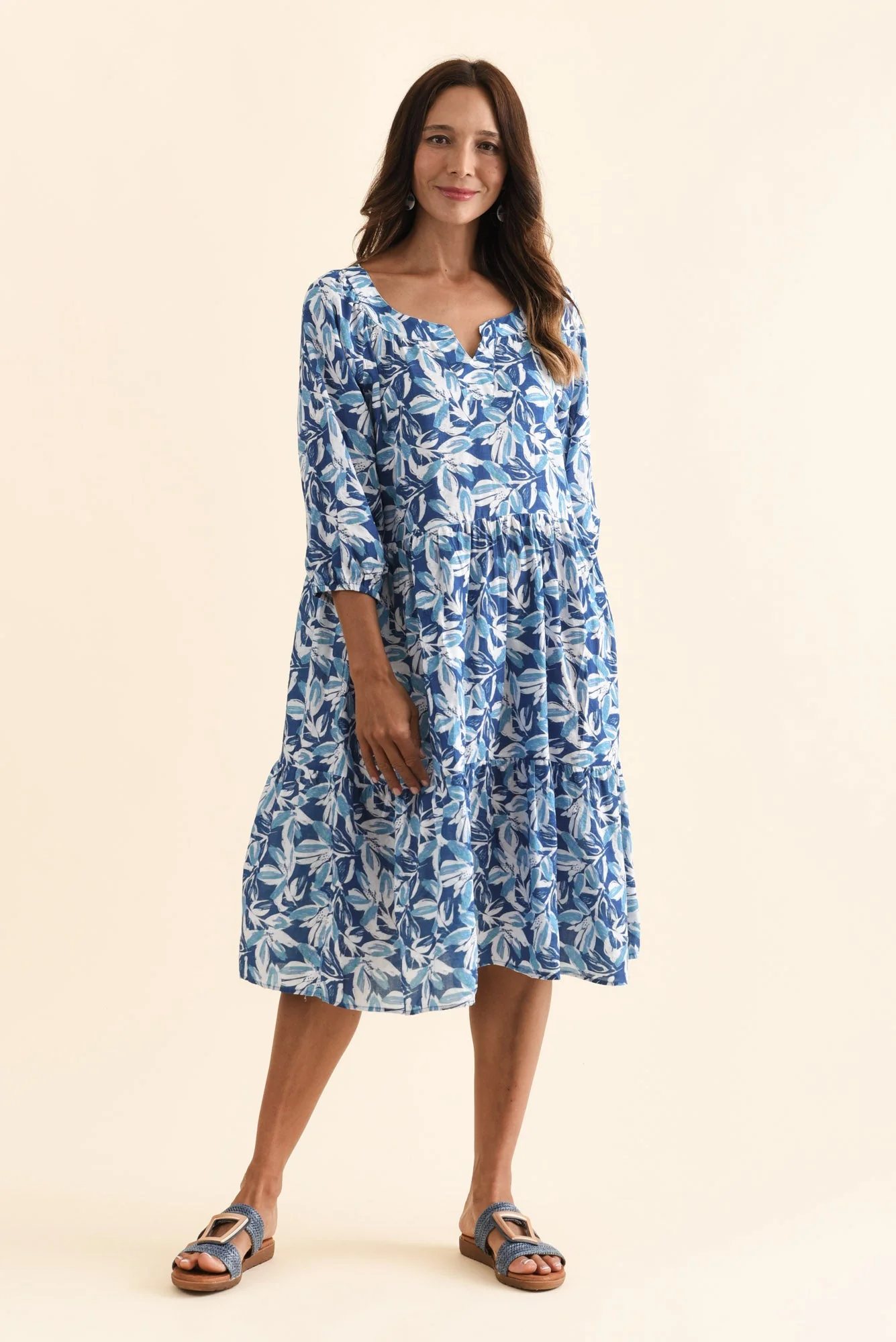 Irene Blue Leaf Cotton Blend Dress - Image 6