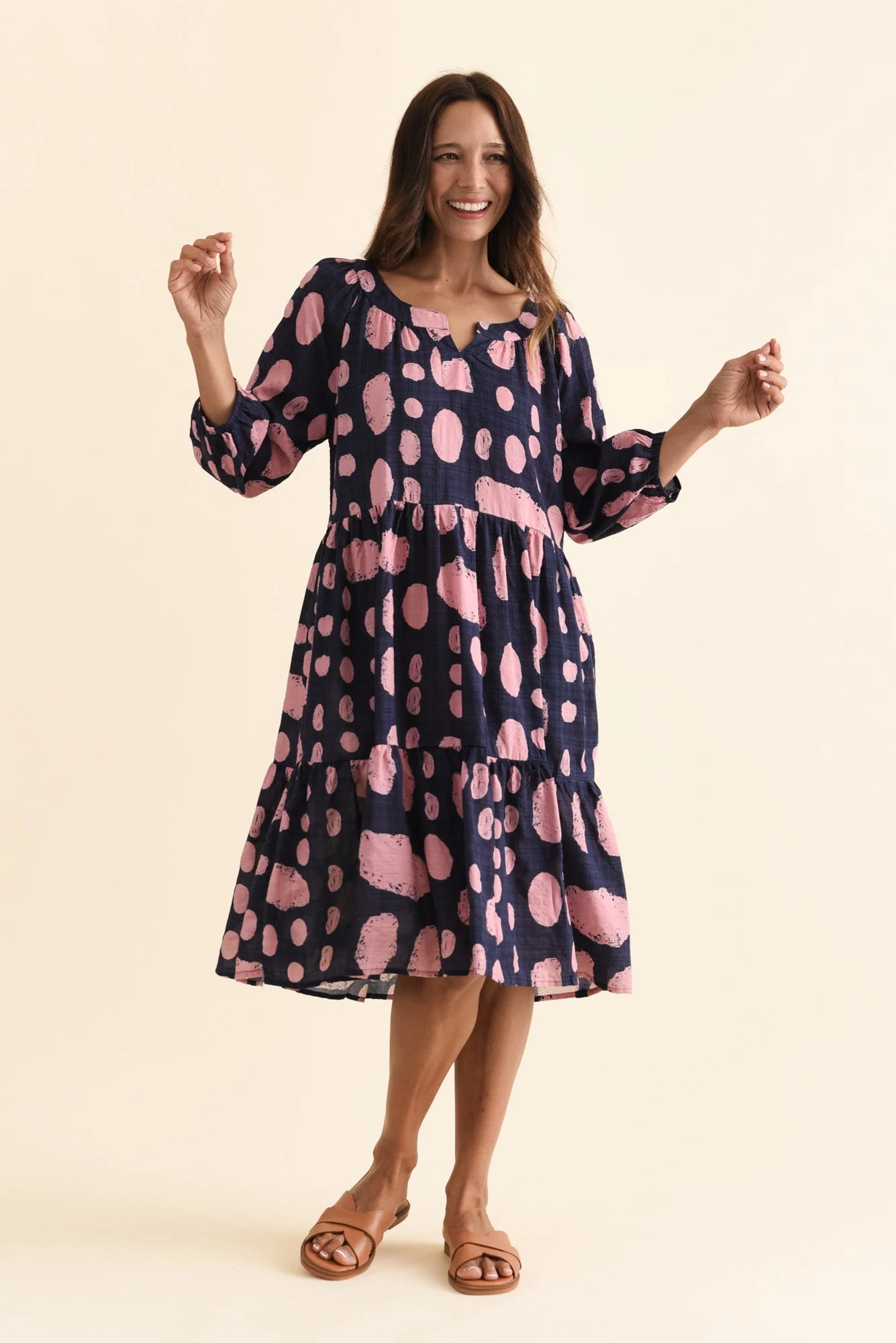 Irene Navy Spot Cotton Blend Dress - Image 2