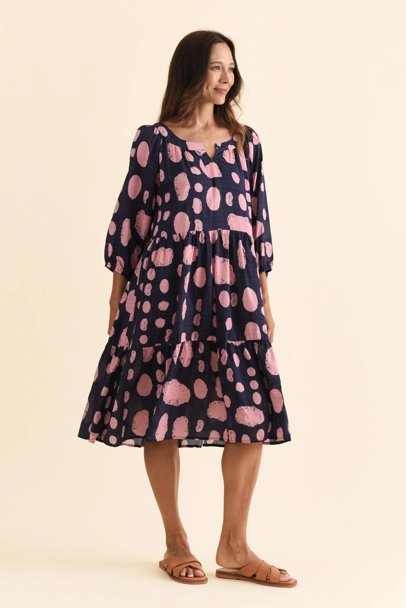 Irene Navy Spot Cotton Blend Dress - Image 3