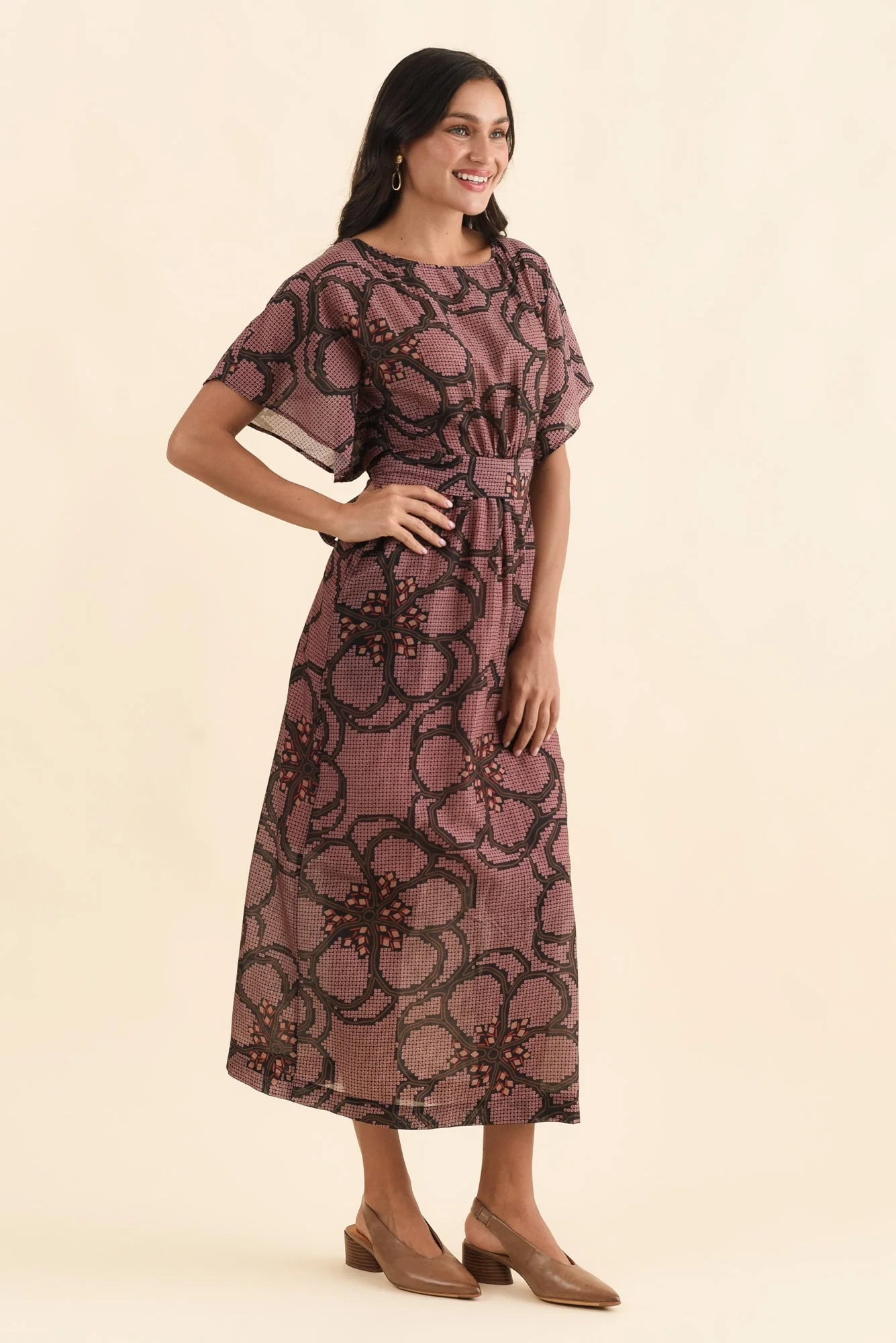 Isa Pink Floral Cotton Silk Dress - Image 3
