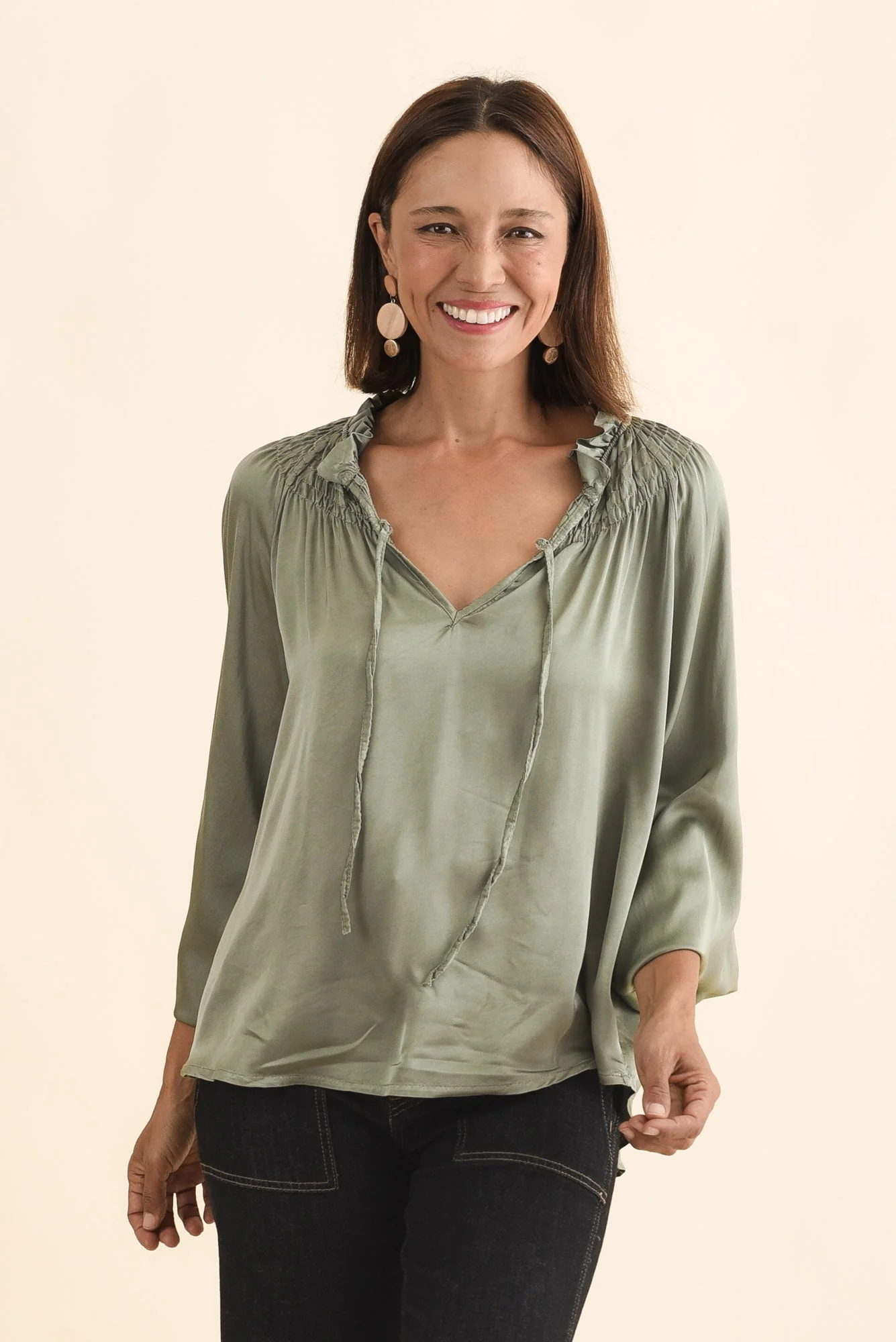 Isaac Khaki Silk Ruched Top - Image 2
