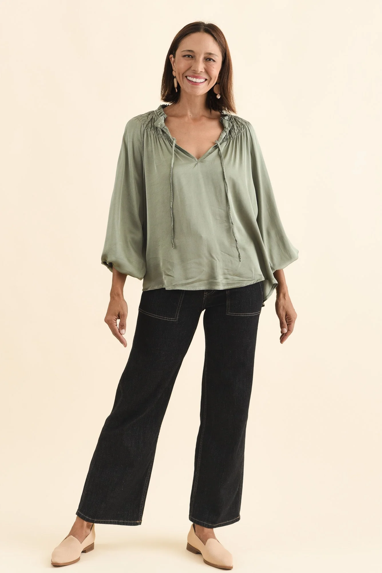 Isaac Khaki Silk Ruched Top - Image 3