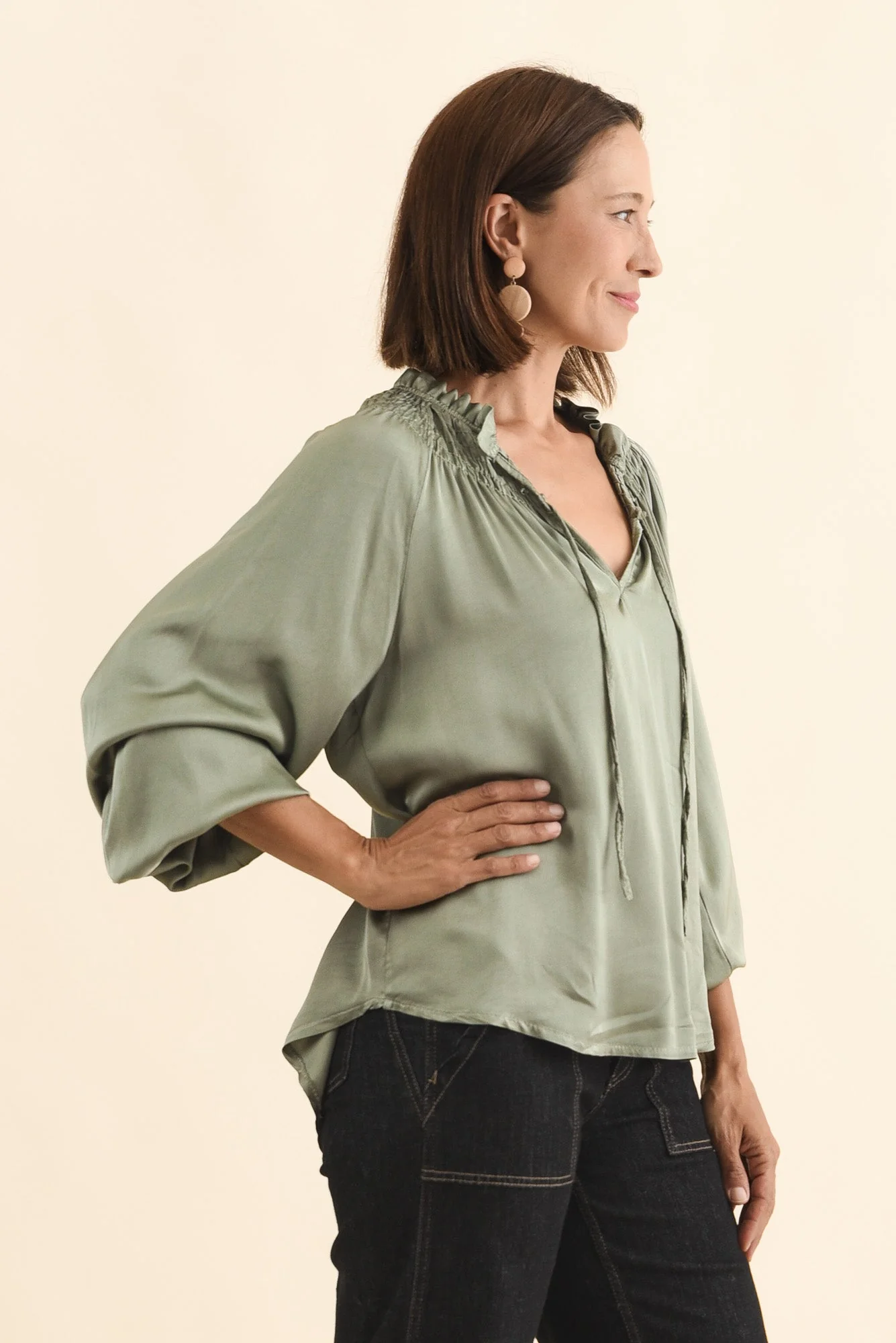 Isaac Khaki Silk Ruched Top - Image 4
