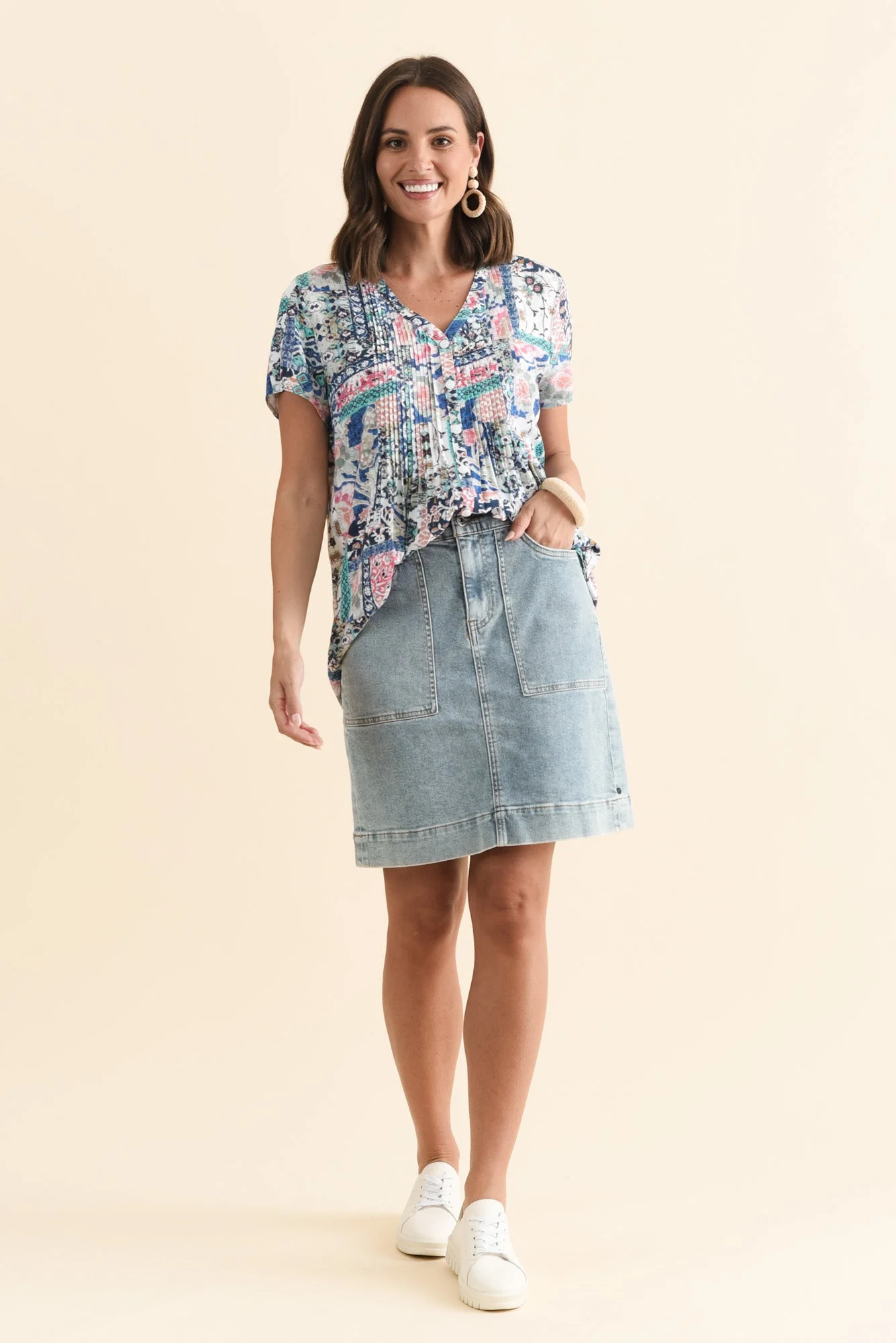 Isobel Blue Mosaic Button Top - Image 6