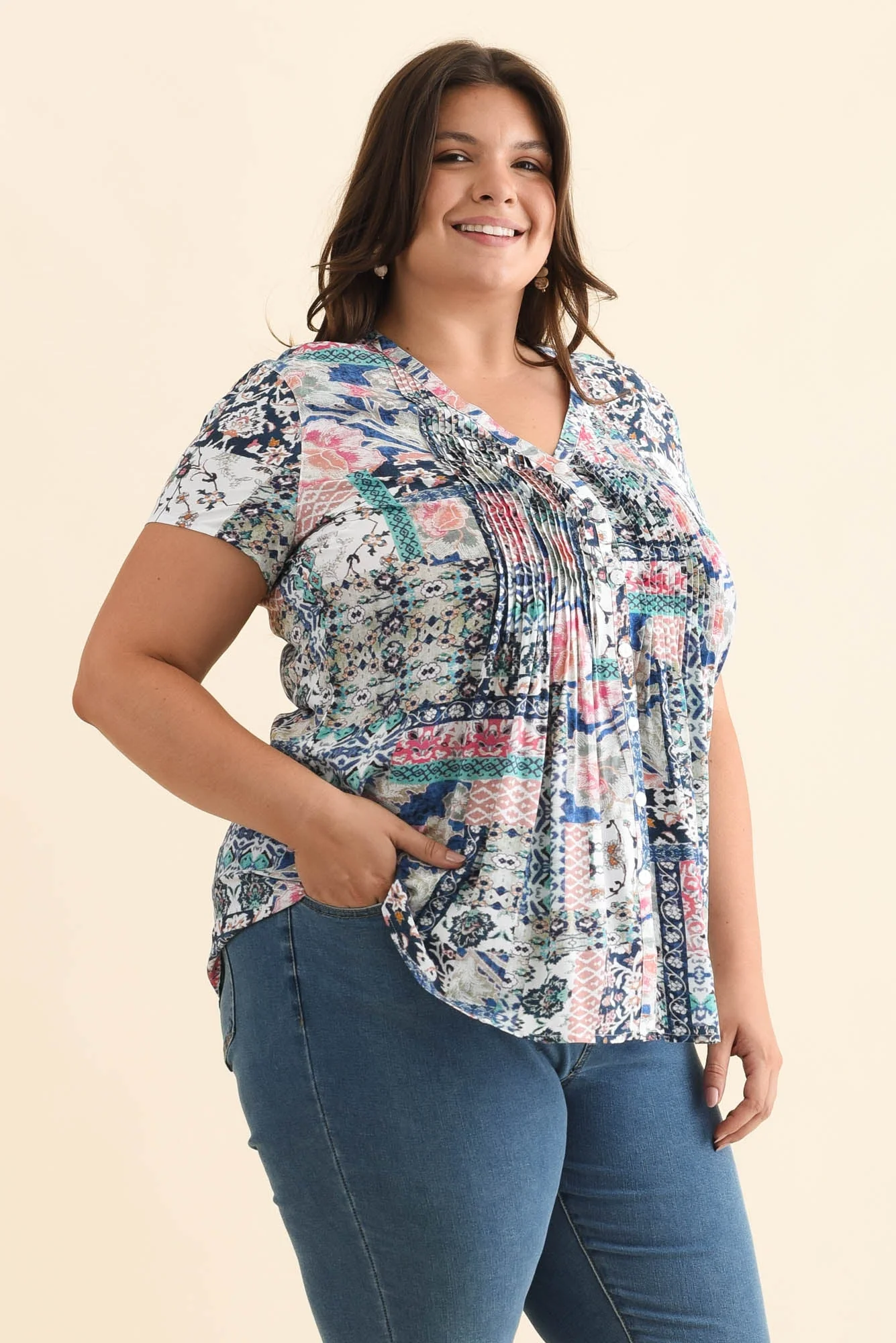 Isobel Blue Mosaic Button Top - Image 9