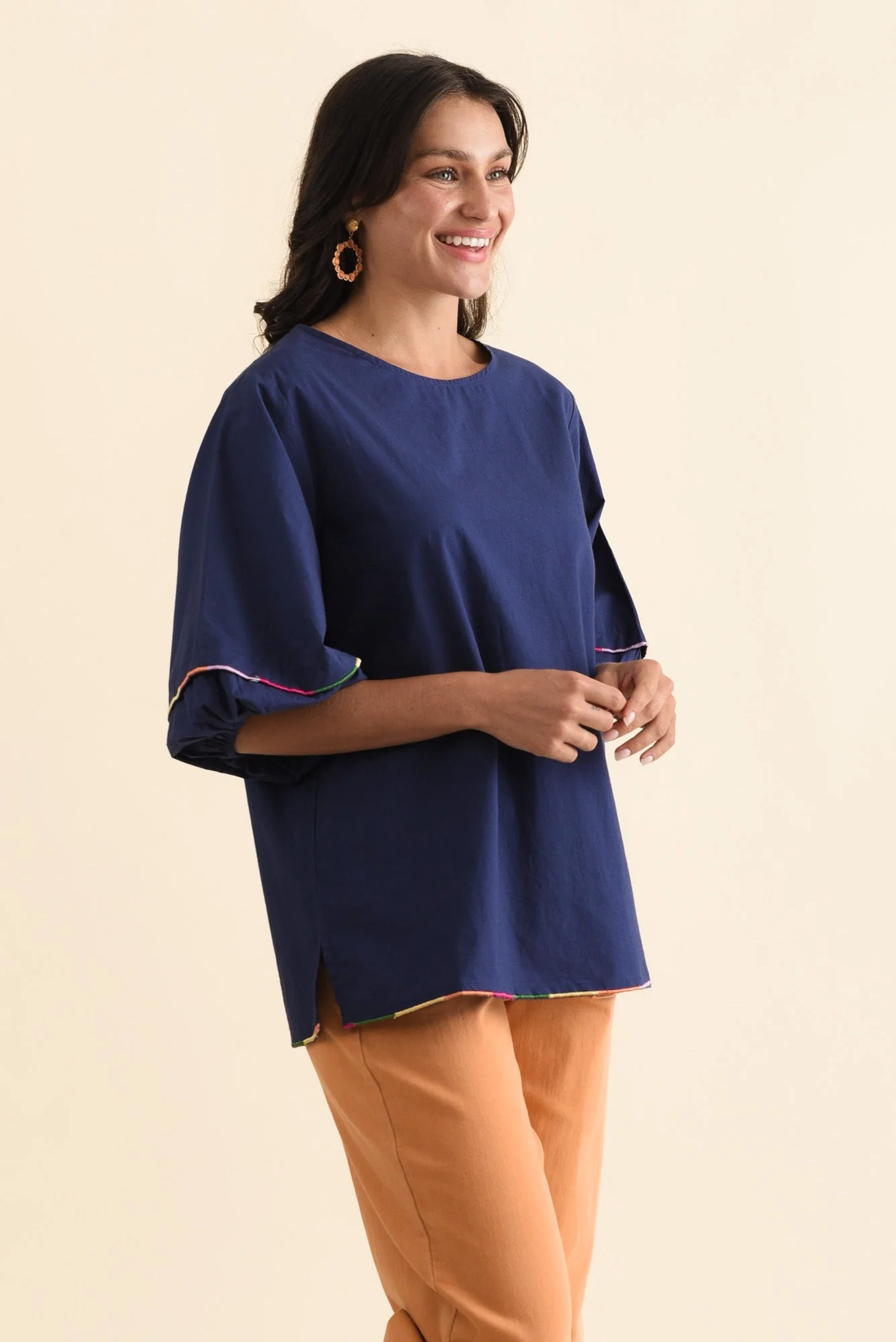 Jada Navy Cotton Puff Sleeve Top - Image 3