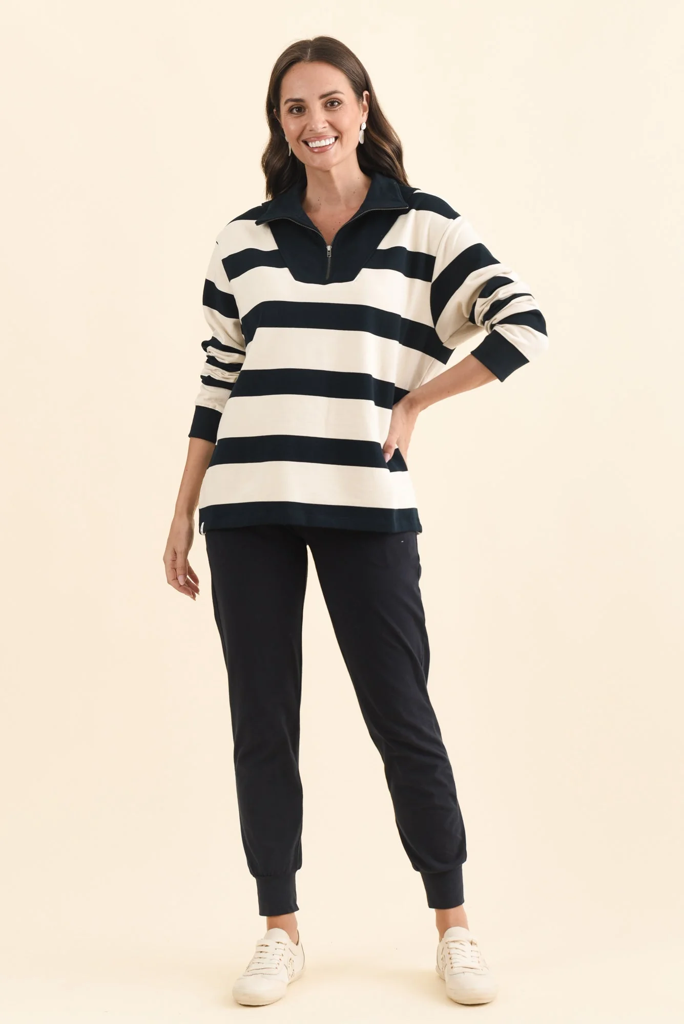 Jade Navy Stripe Cotton Half Zip Sweatshirt - Image 2