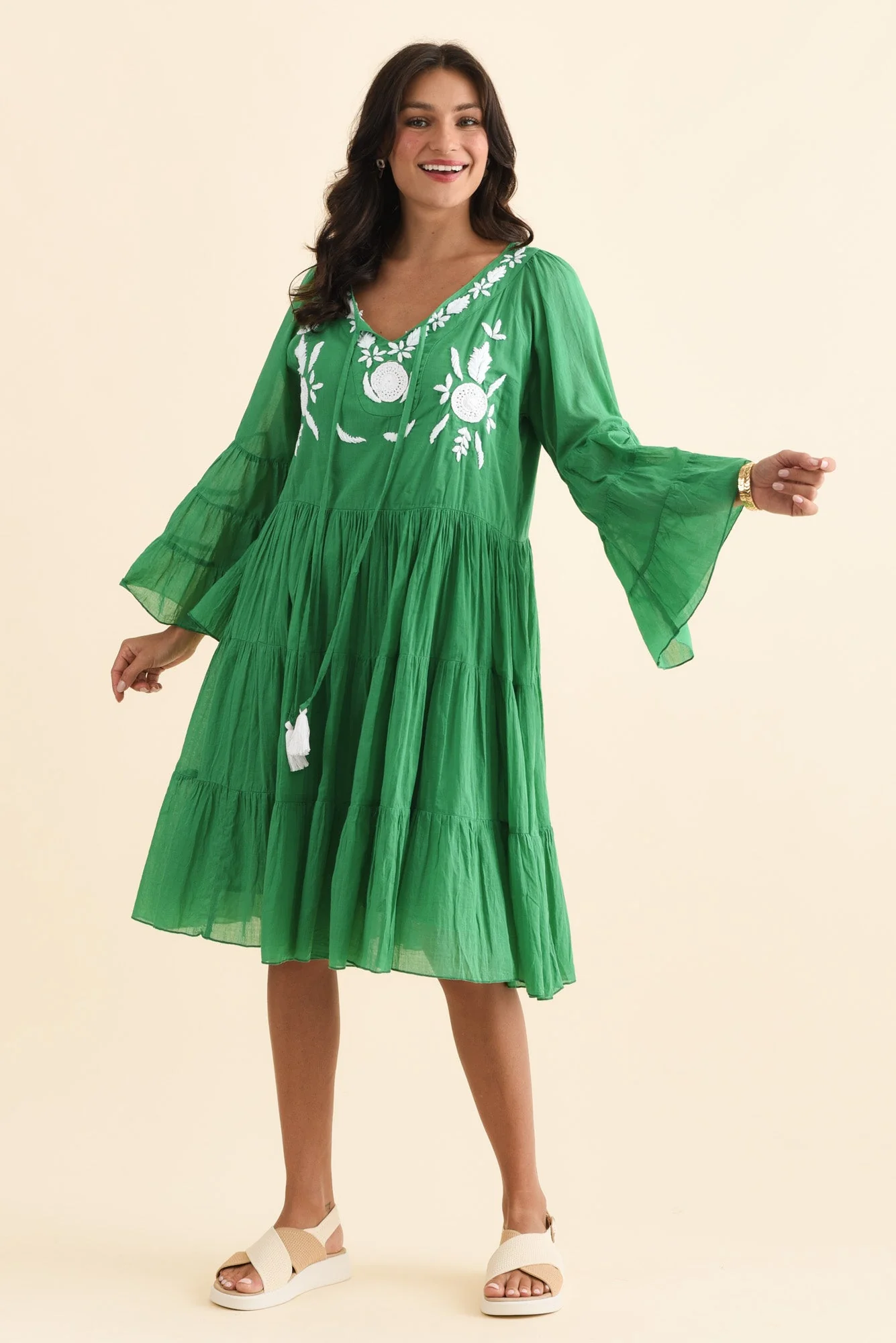 Jamaica Green Cotton Embroidered Dress - Image 3