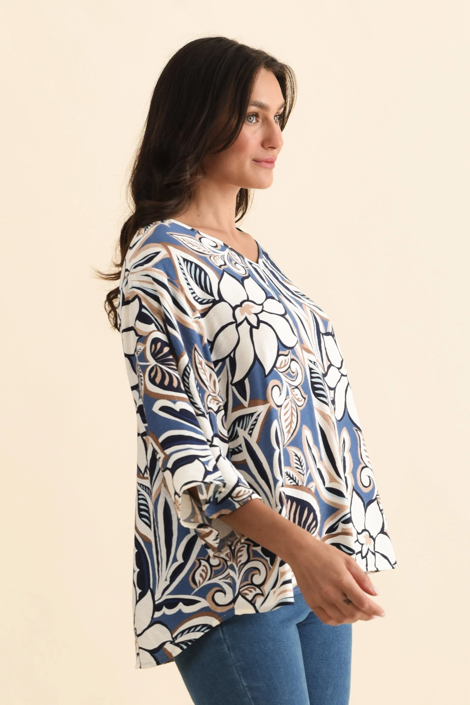 Janelle Blue Abstract V Neck Top - Image 3