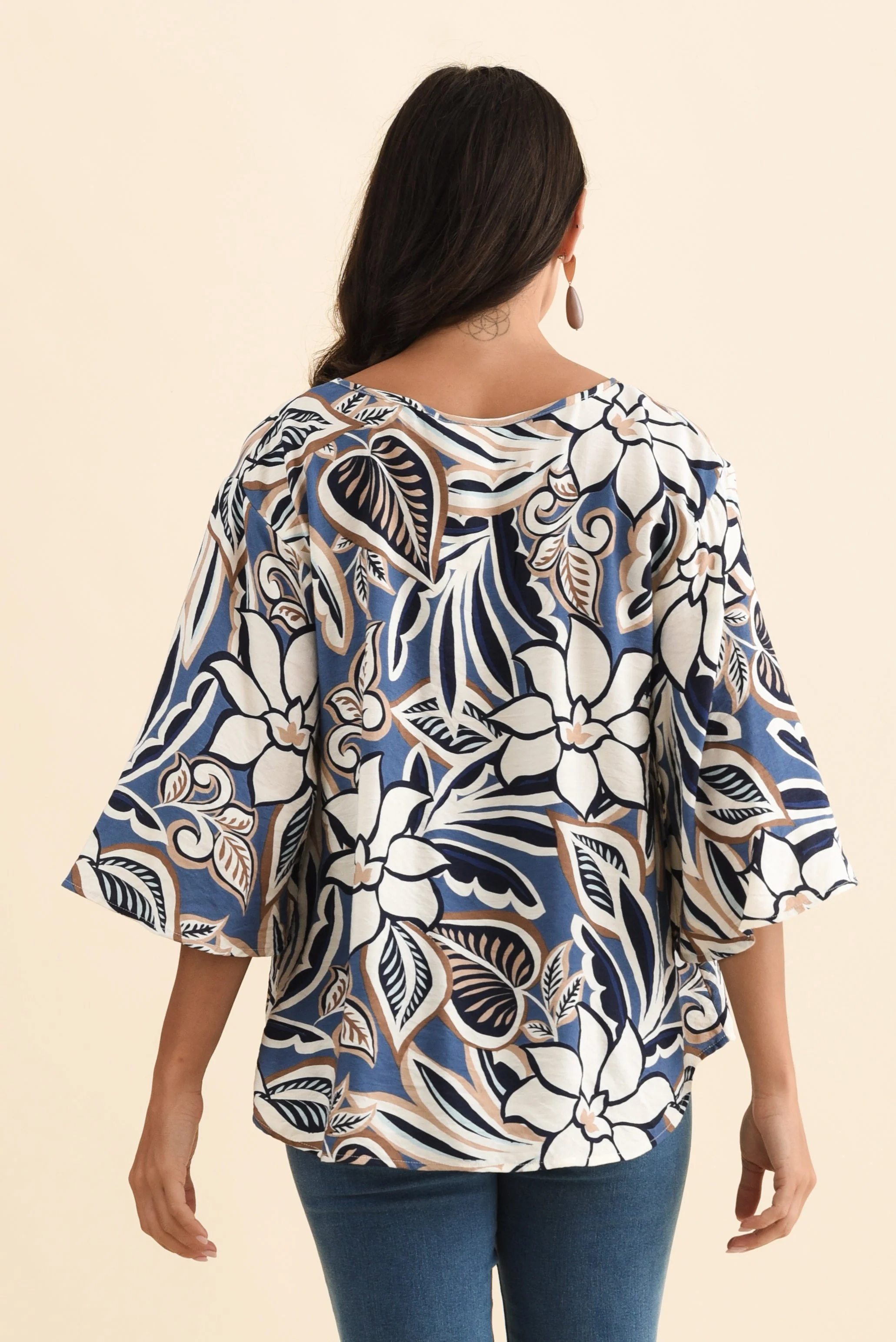 Janelle Blue Abstract V Neck Top - Image 4