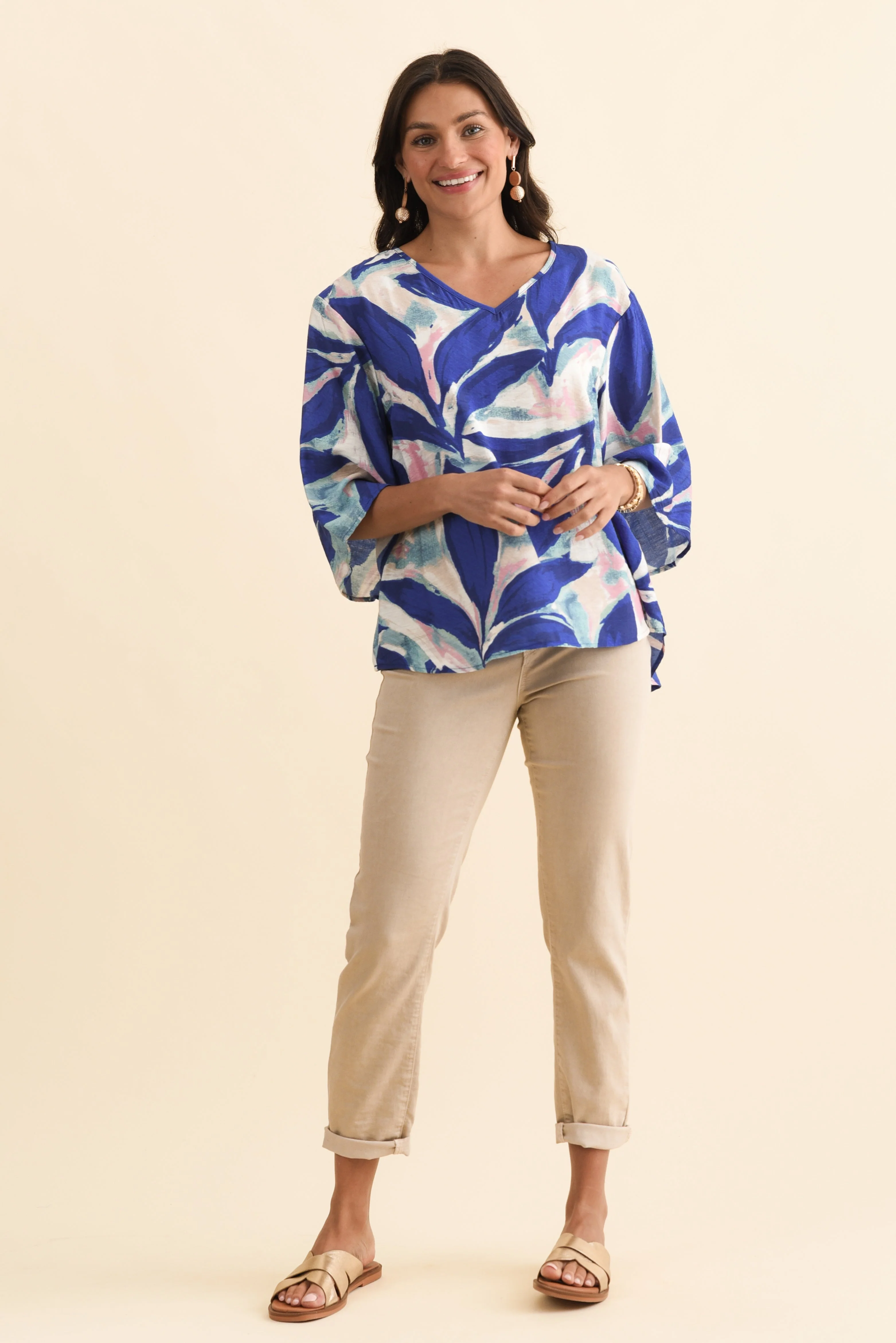 Janelle Blue Leaf V Neck Top - Image 6
