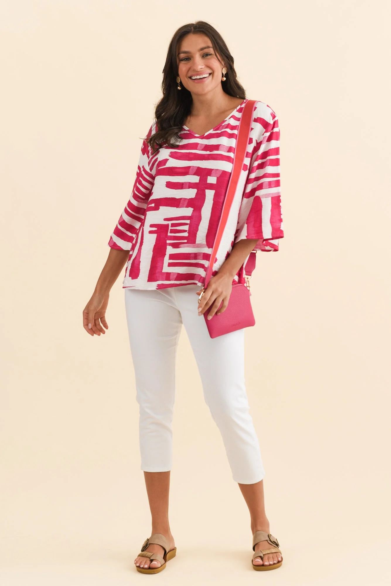 Janelle Pink Geo V Neck Top - Image 2