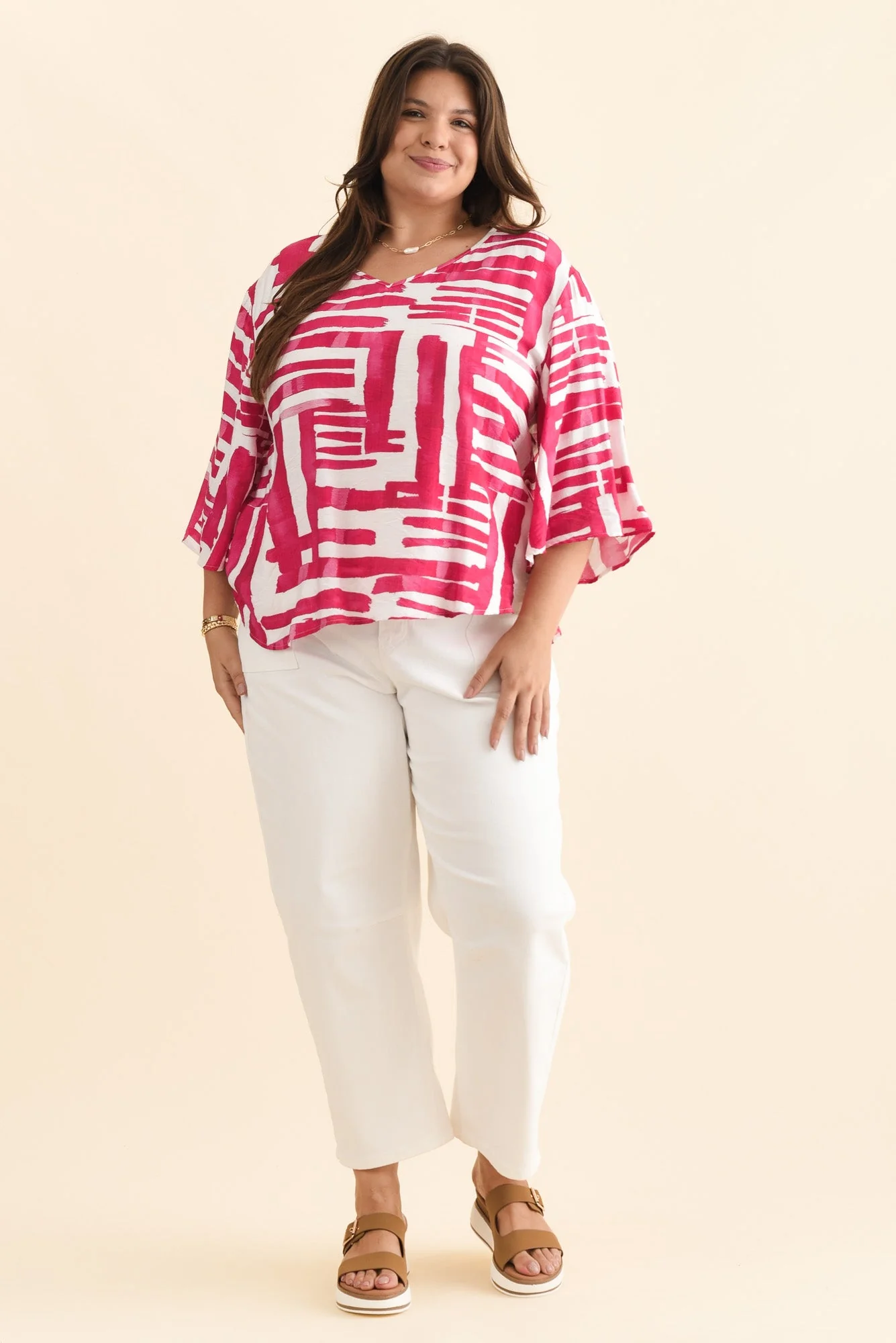 Janelle Pink Geo V Neck Top - Image 8