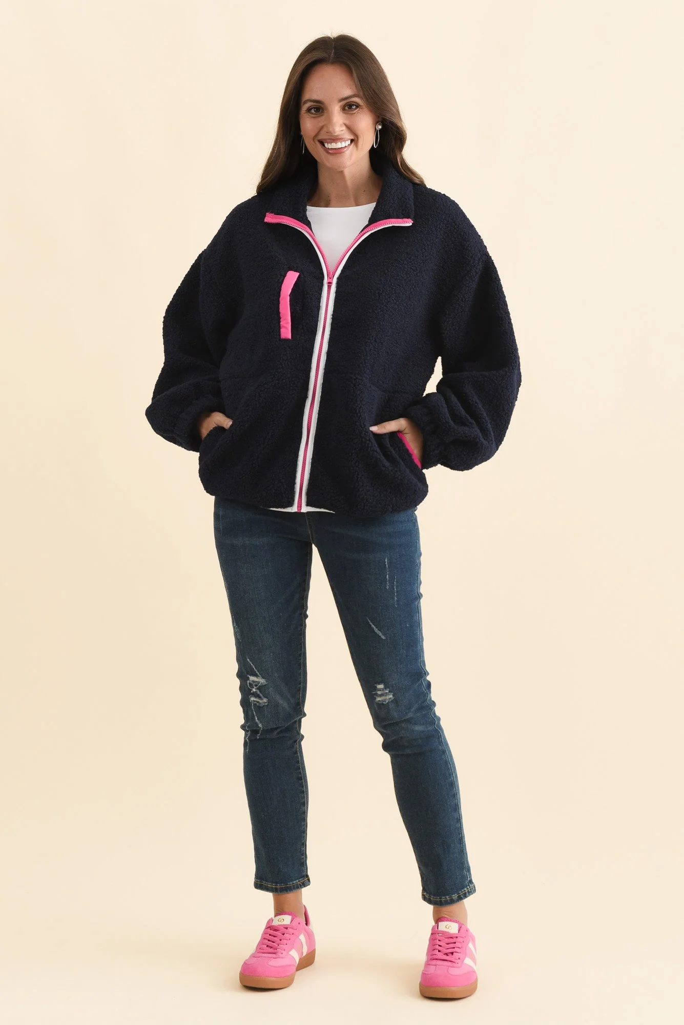 Jayne Navy Contrast Fleece Jacket - Image 2