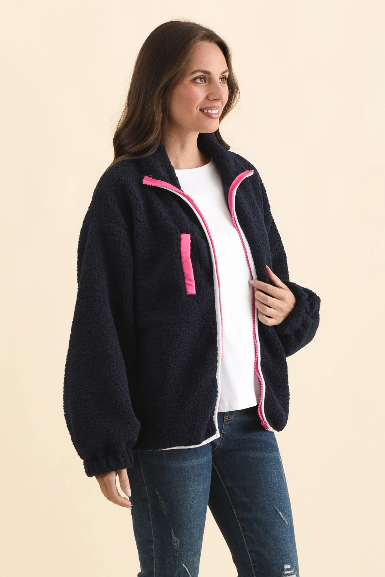 Jayne Navy Contrast Fleece Jacket - Image 3
