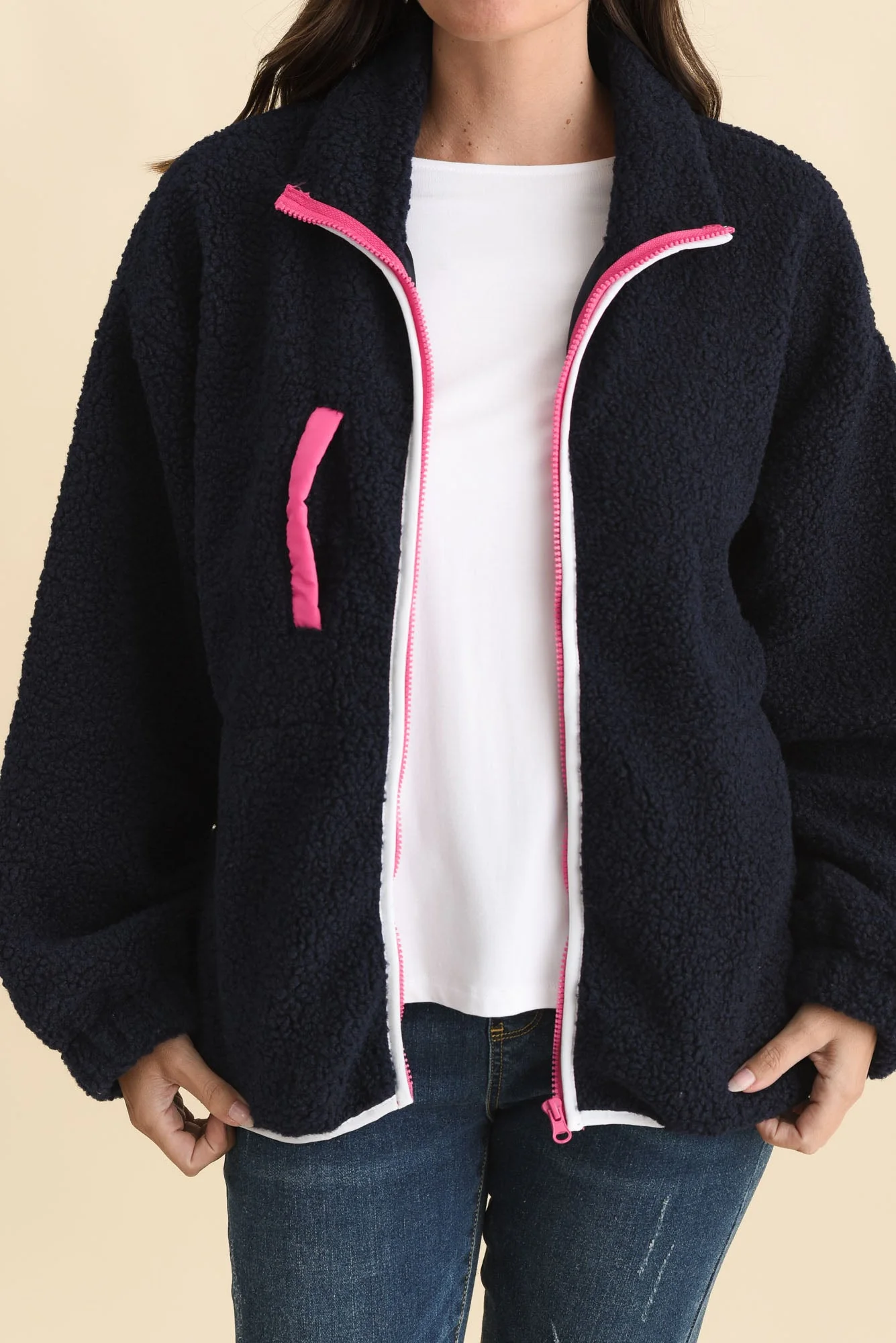 Jayne Navy Contrast Fleece Jacket - Image 5