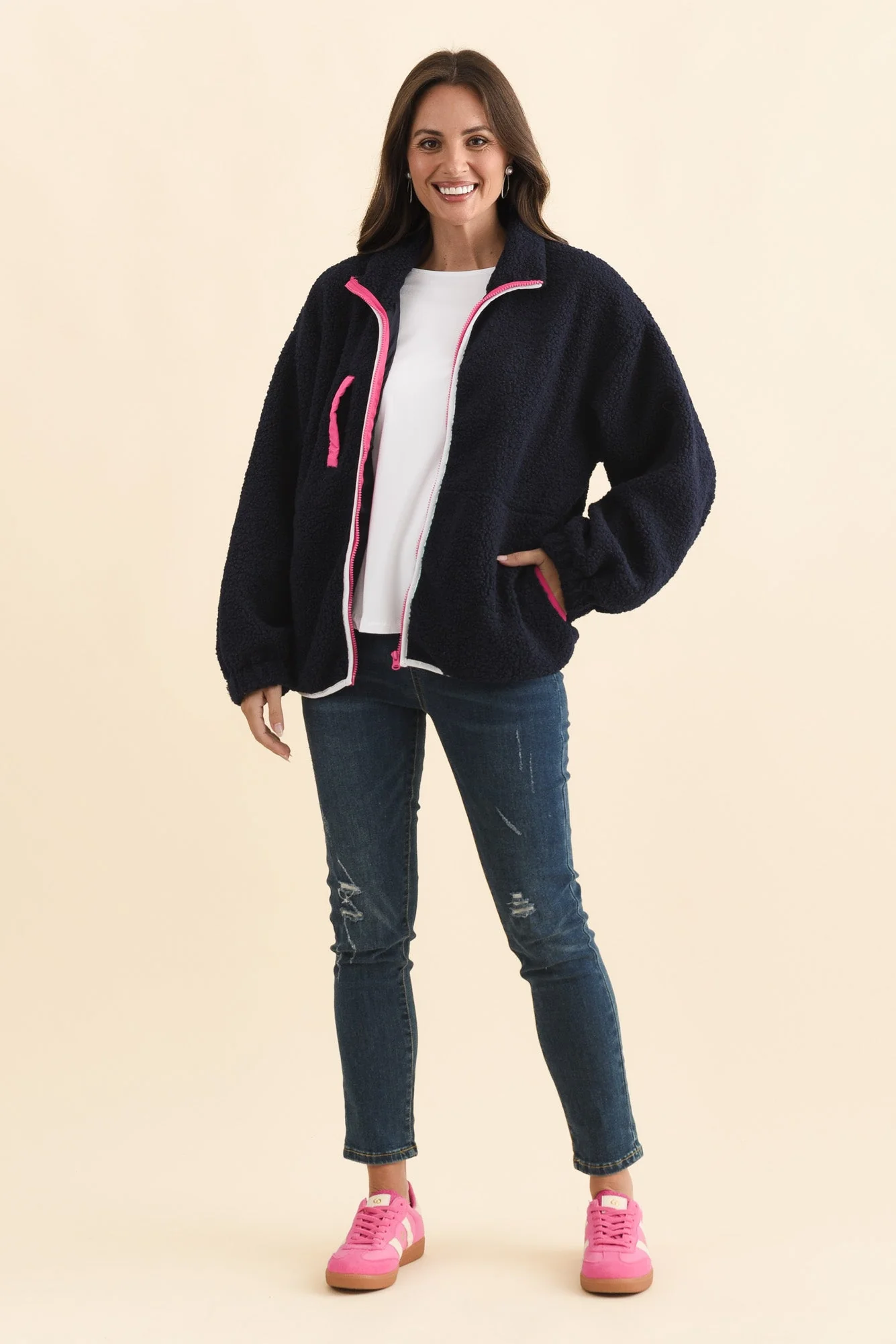 Jayne Navy Contrast Fleece Jacket - Image 6
