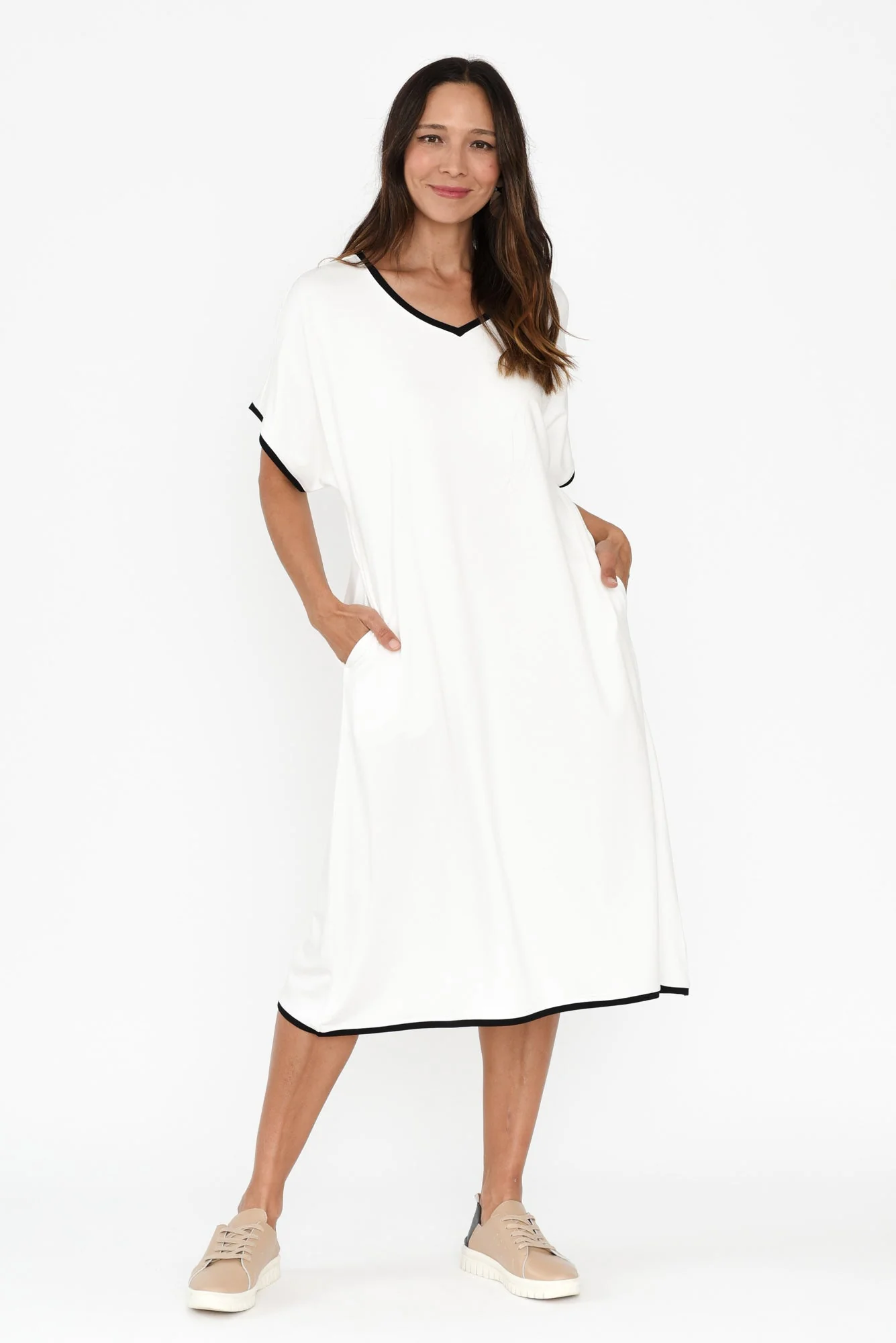 Jemima White Contrast V Neck Dress - Image 7