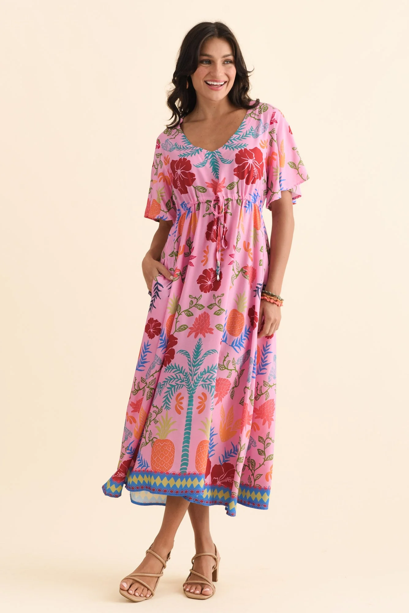 Jennifer Pink Tropical Flutter Sleeve Dress - Image 3