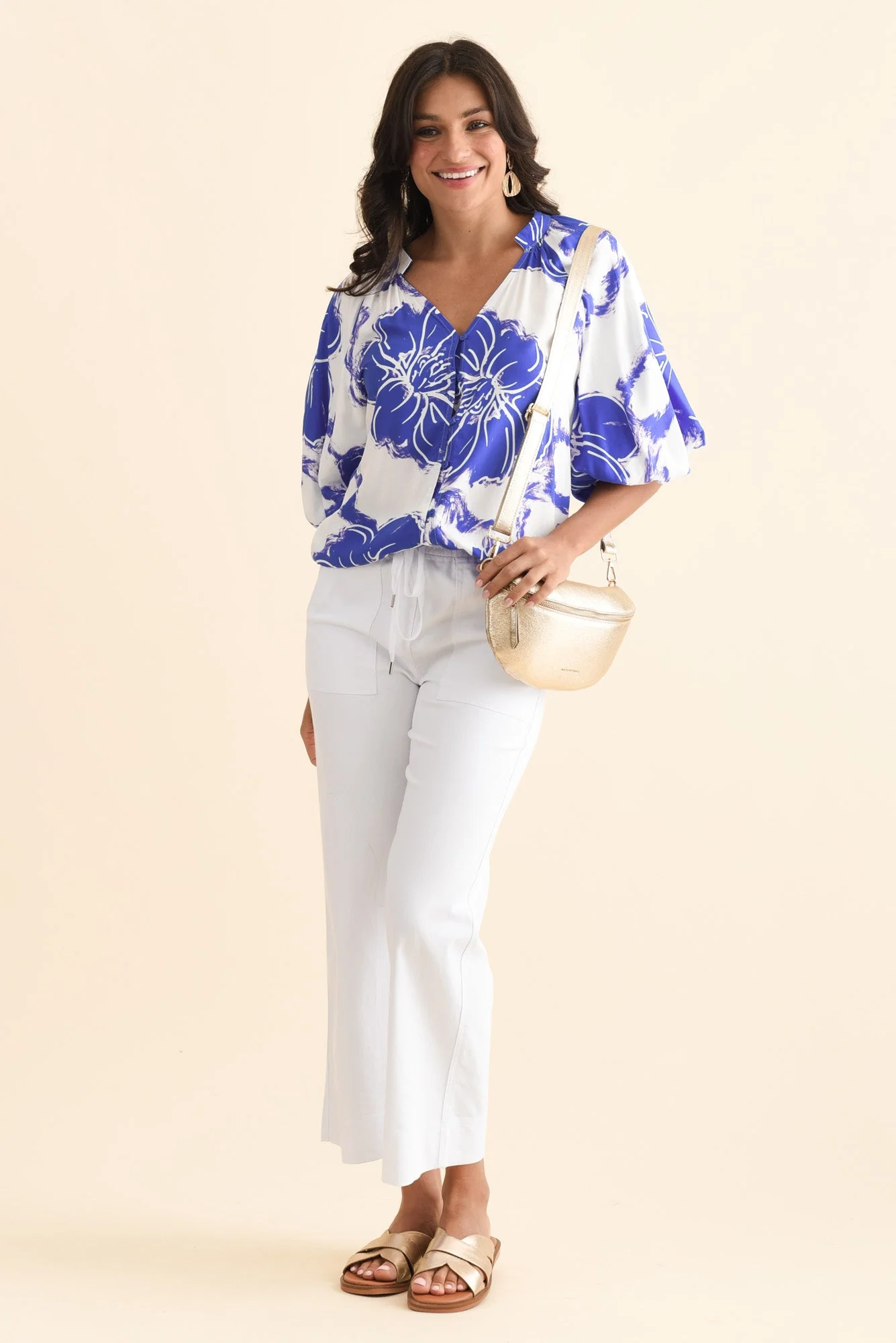 Jewel Cobalt Flower Puff Sleeve Blouse - Image 2