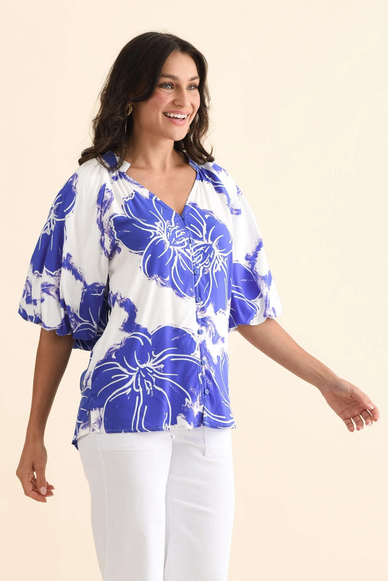 Jewel Cobalt Flower Puff Sleeve Blouse - Image 3