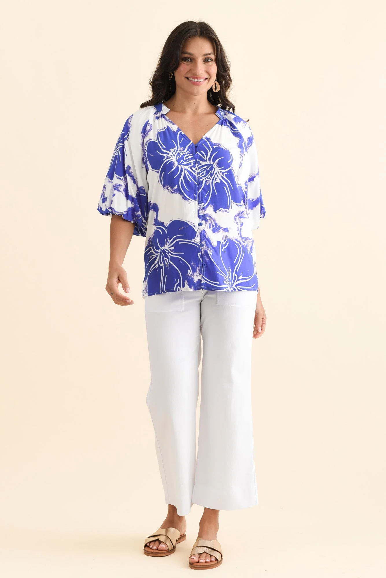 Jewel Cobalt Flower Puff Sleeve Blouse - Image 6