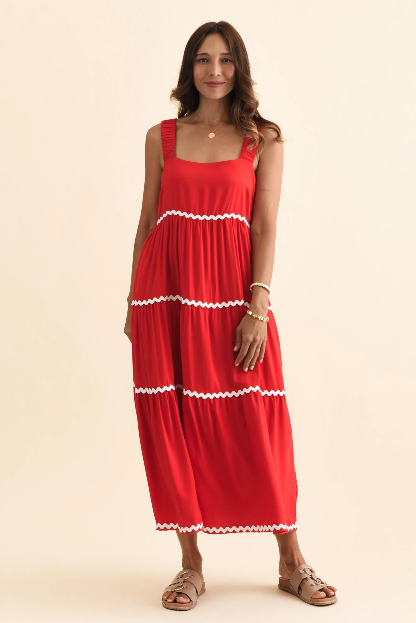 Josie Red Contrast Tier Dress - Image 2